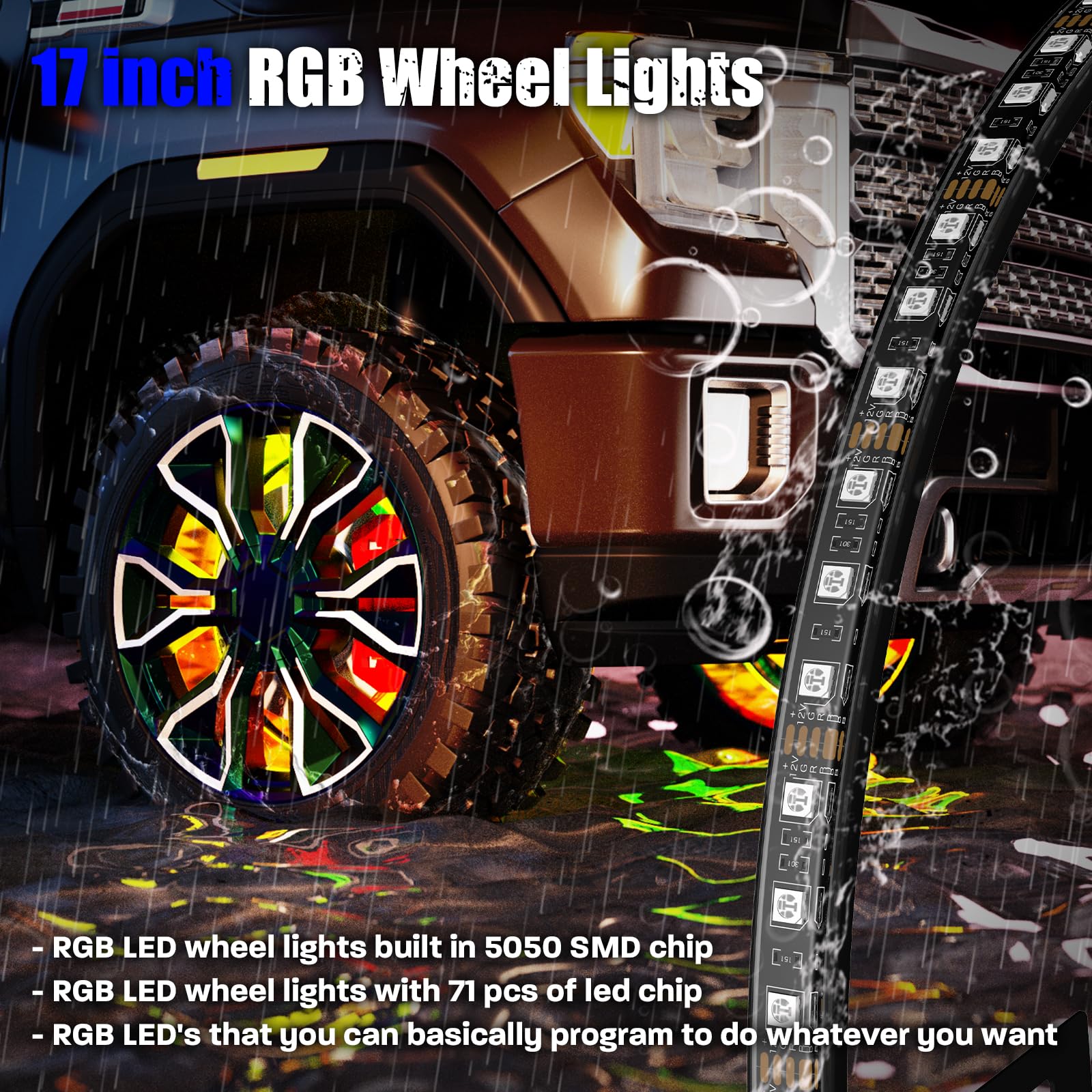 SUNPIE 17 Inch Universal Wheel Lights for Trucks & SUVs - Sequential Turn Signal, Brake Light, Multi-Color LED Wheel Well Kit (Fits 21-22 Inch Rims) - 4 PC Set for Off-Road, Car Shows & Night Driving
