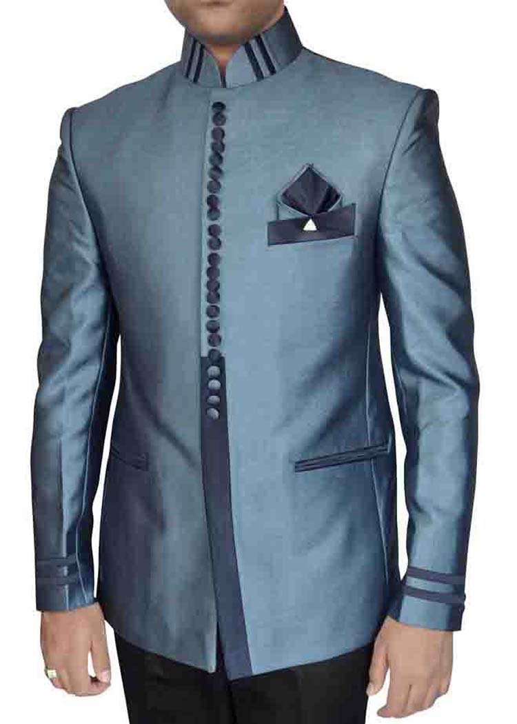 INMONARCH Men's Steel Blue 4 Piece Nehru Collar Tuxedo Suit TX5055 - Formal Wedding & Evening Wear for Groomsmen and Special Occasions