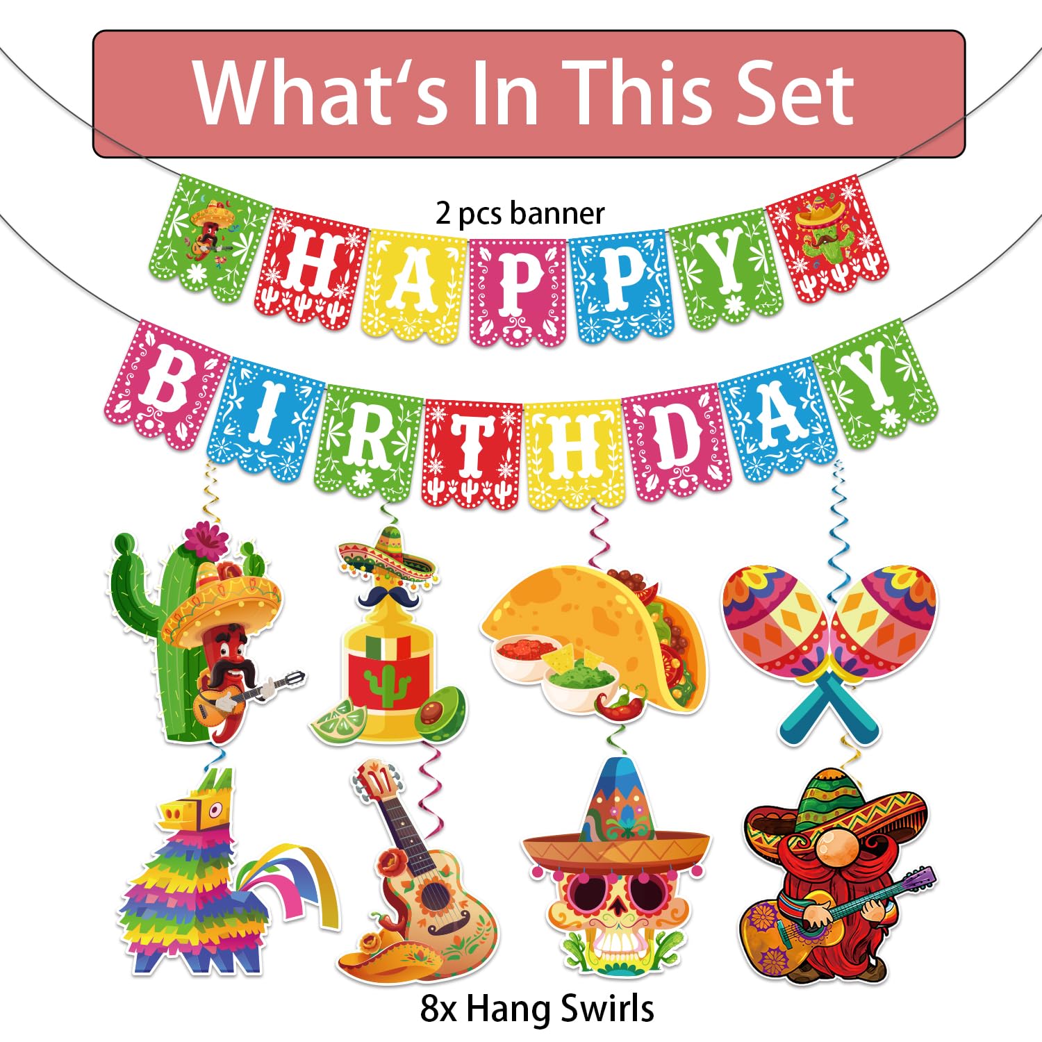 Pre-Strung Taco Birthday Party Decorations Kit - Includes 1 Fiesta Happy Birthday Banner & 8 Cinco De Mayo Hanging Swirls - Mexican Themed Party Supplies for Fiesta, Taco Tuesday & Birthday Celebrations