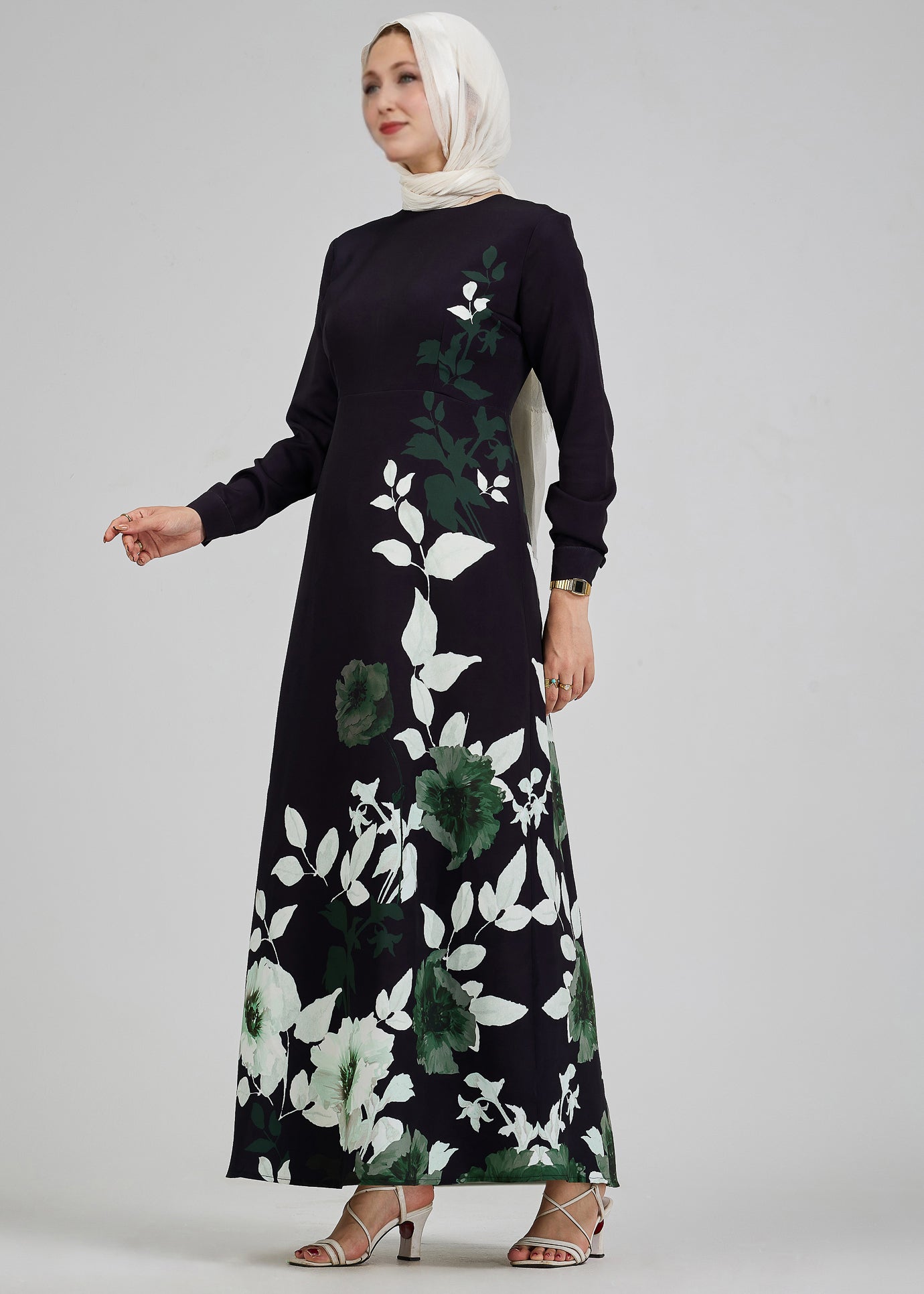 Malak Opulent Crepe Floral Maxi Dress with Subtle Leaf Accents - Elegant Women's Summer Wedding Guest Dress for Beach Party & Special Occasions