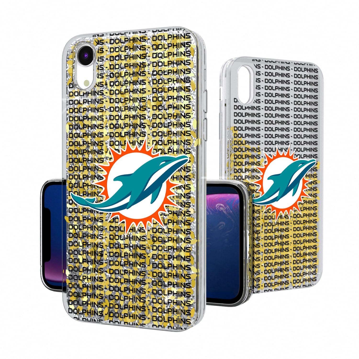 Miami Dolphins Glitter iPhone Case - Durable Protective Cover with Text Backdrop Design for iPhone 13/14/15 Pro Max - Perfect for Football Games, Tailgating & Dolphins Fan Gifts
