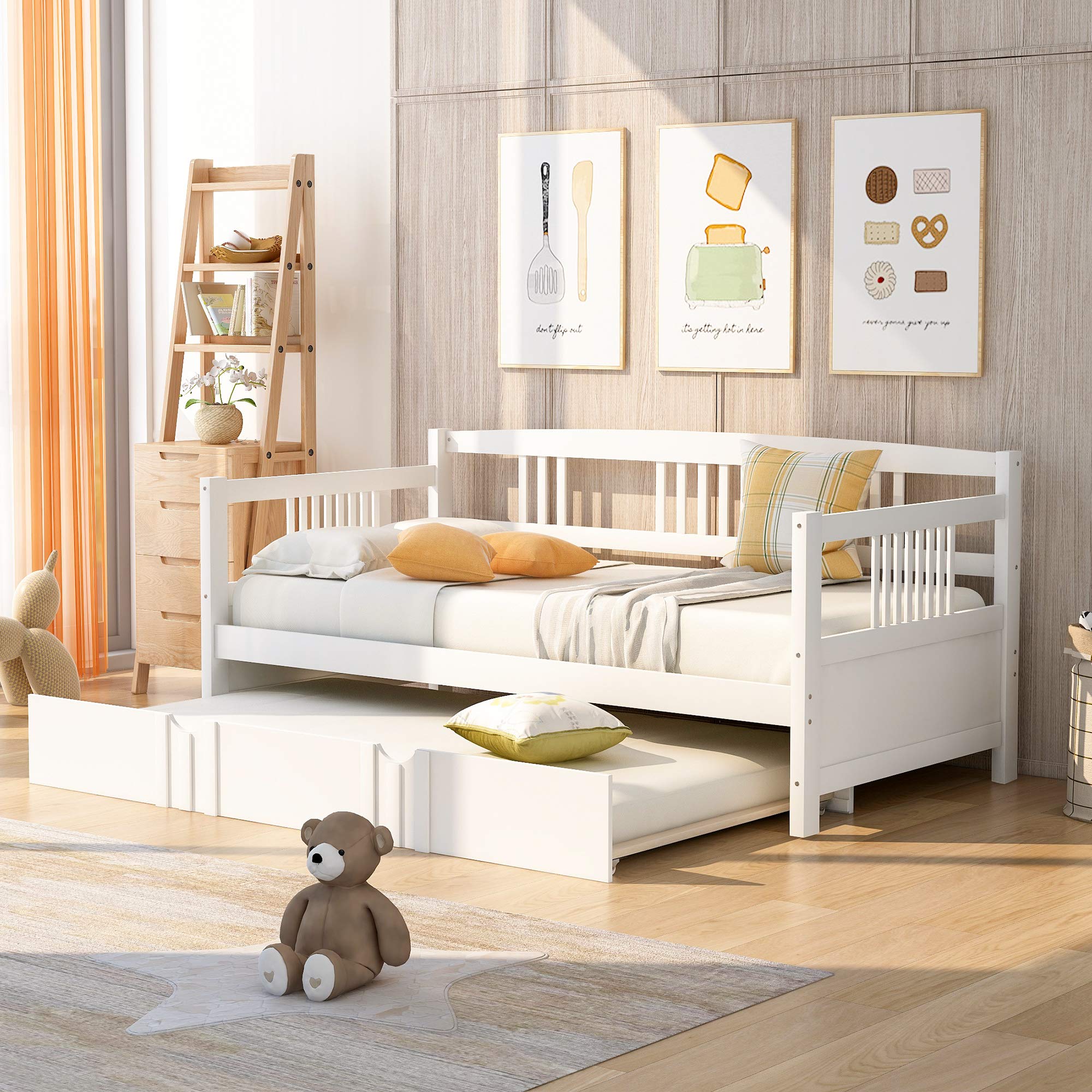 Twin Size Wood Daybed with Trundle - Sofa Bed for Bedroom & Guestroom - No Box Spring Needed - Perfect for Small Spaces & Sleepovers