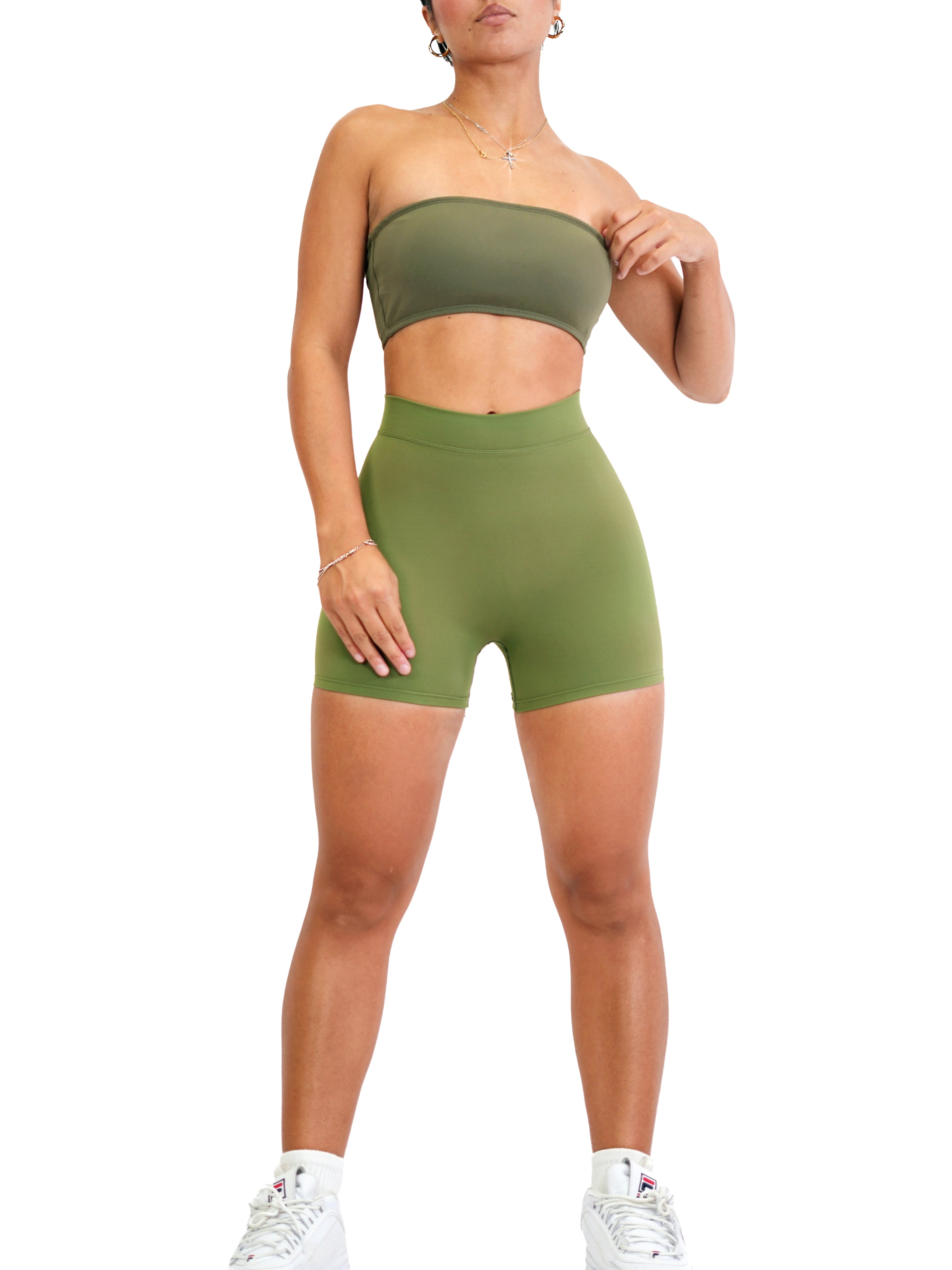 Low Back Scrunch Shorts for Women - High Waisted Yoga Shorts with Butt Lifting Design, Sweet Olive Green, Workout Running Gym Lounge Wear