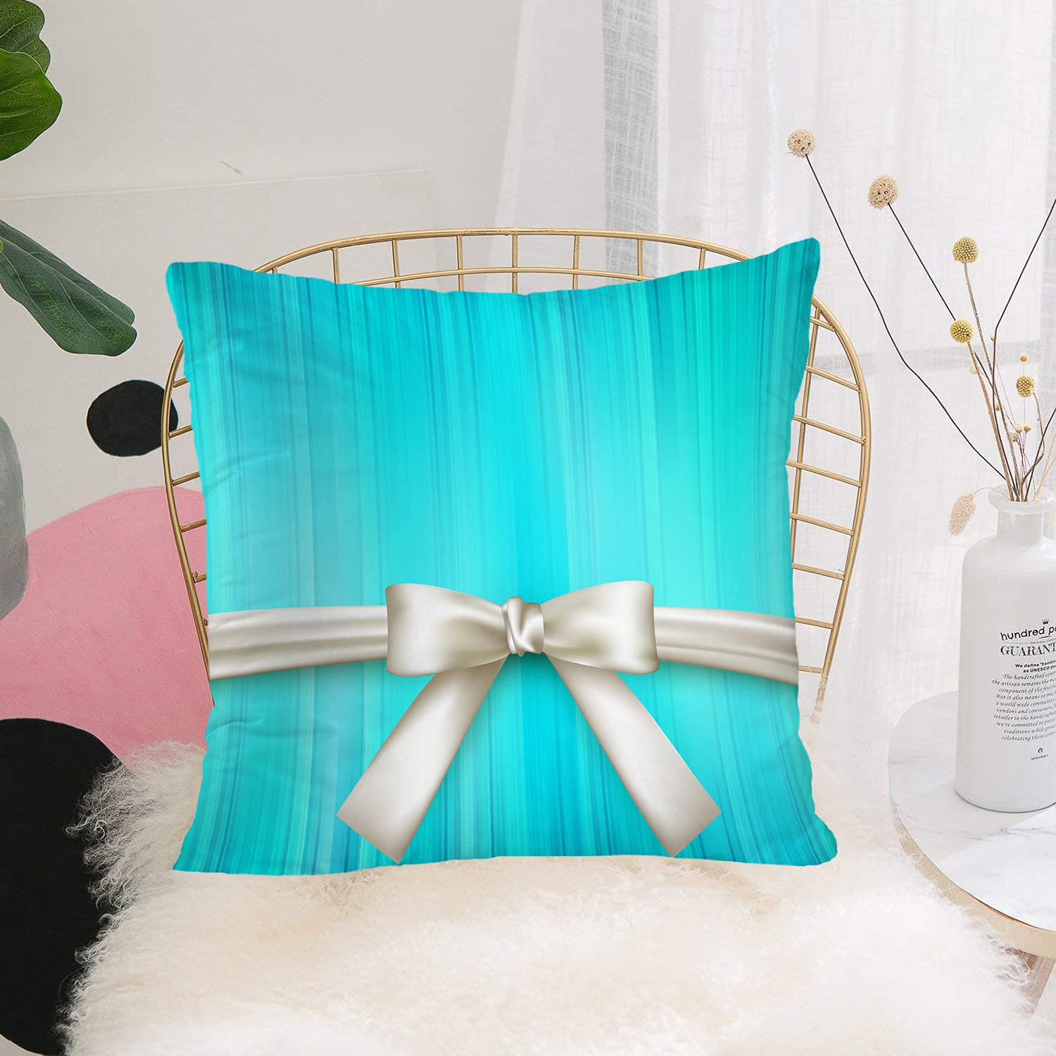 Batmerry 20x20 Inch Turquoise Blue & White Striped Satin Bow Pillow Covers Set of 2 - Elegant Double Sided Square Throw Pillow Cases for Sofa, Bed, Couch - Perfect for Holiday Decor, Wedding Gifts & Home Decoration