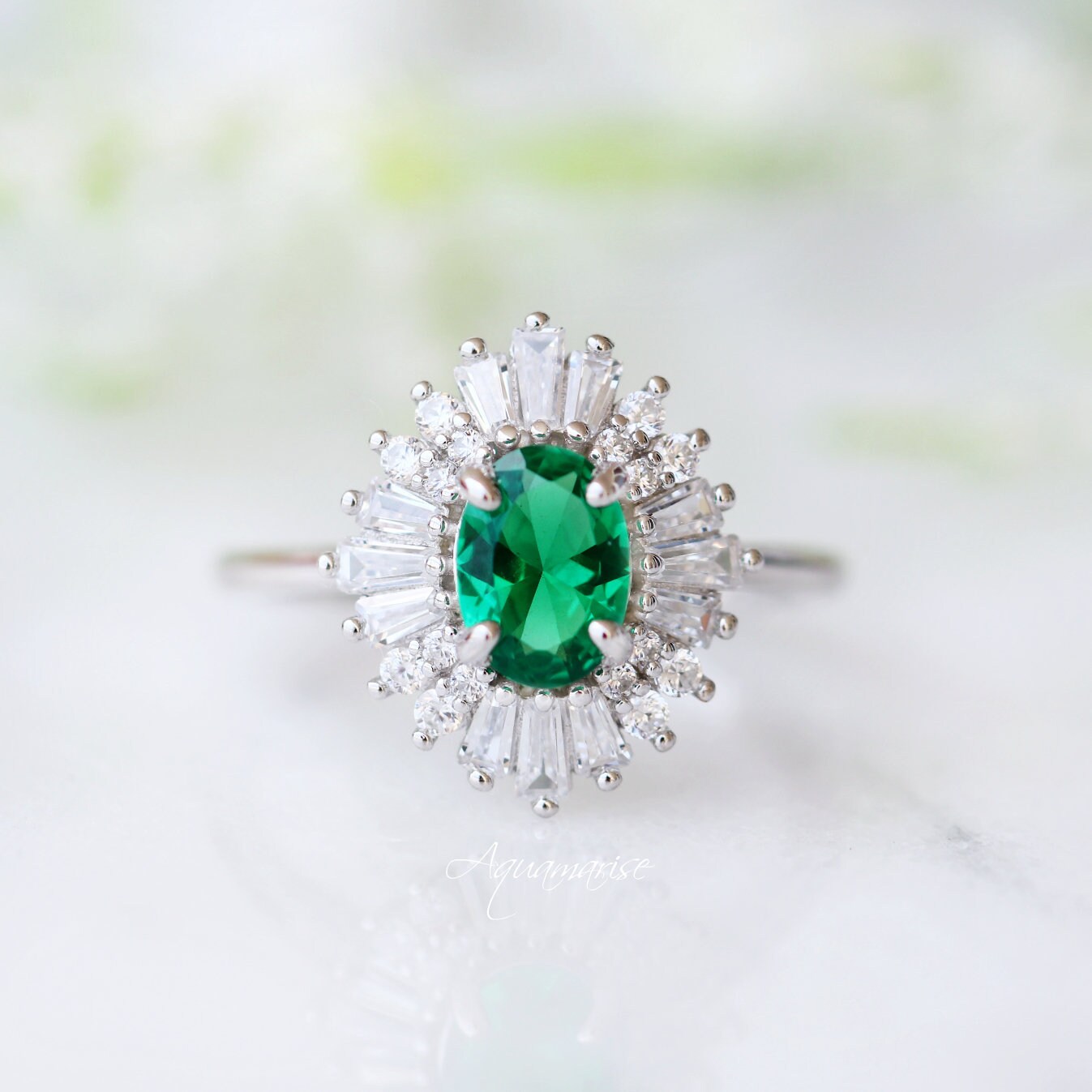 Victoria Emerald Ring Sterling Silver - Elegant Green Gemstone Jewelry for Women, Perfect for Engagement, Wedding & Special Occasions