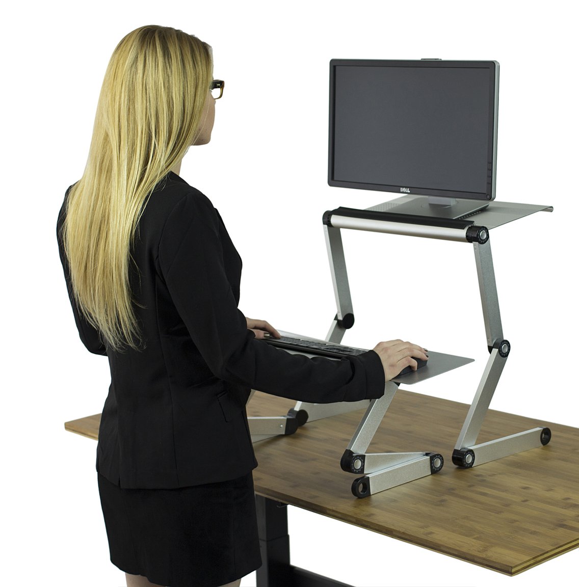 Ergonomic WorkEZ Adjustable Standing Desk Converter - Sit to Stand Riser for Laptop & Monitor, Silver | Height & Angle Adjustable with Negative Tilt | Perfect for Home Office, Gaming & Workspace Ergonomics