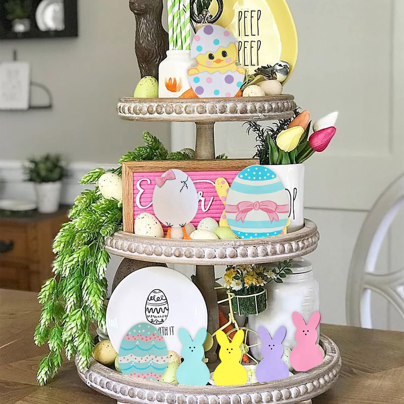 Farmhouse Tiered Tray Decor Set - 8 Piece Rustic Wooden Signs for Easter, St. Patrick's Day & Seasonal Home Decor - Perfect for Table Centerpieces, Kitchen Countertops, and Holiday Display Decorations