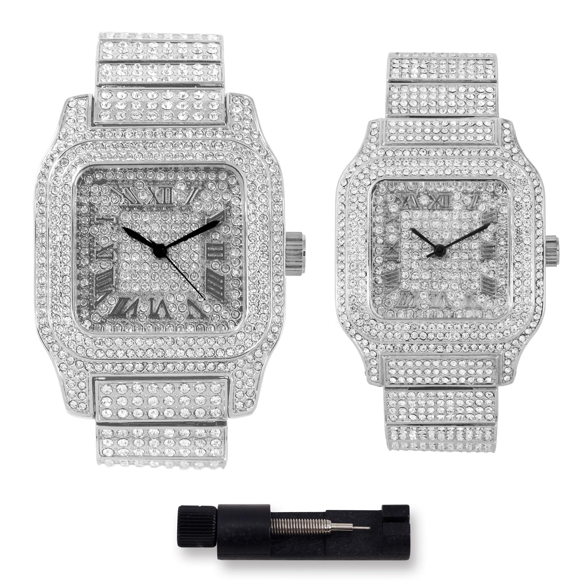 Luxury His & Her Iced Out Metal Band Watches Set - 2 Piece Matching Couple Watches for Anniversary, Wedding & Special Occasions | Waterproof Stainless Steel Dress Watch for Men & Women