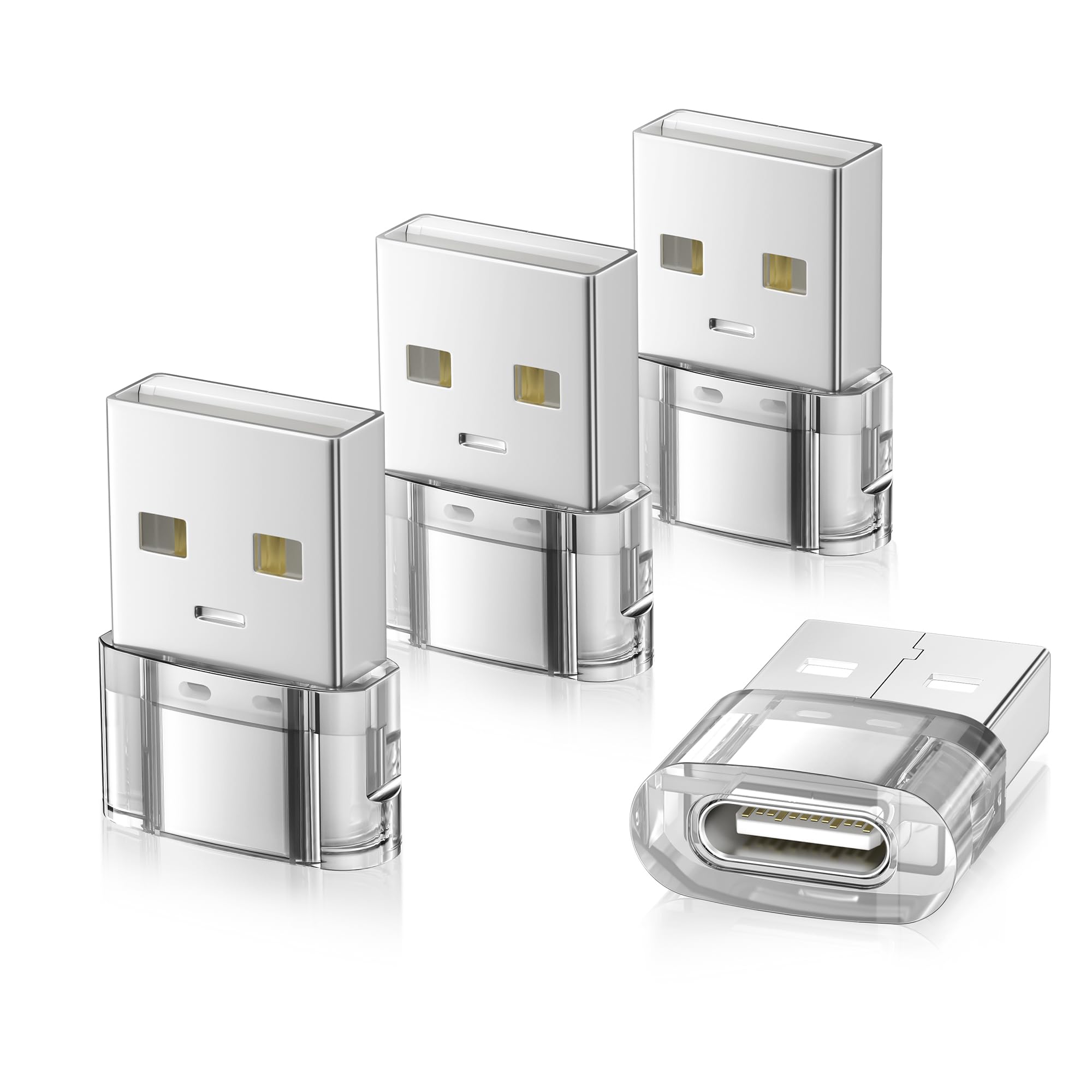 Elebase USB to USB C Adapter 4 Pack - Transparent Type C Female to USB A Male Converter - Compatible with iPhone 16 Pro Max/Plus/15/14/13, Apple Watch 10/9/8, AirPods, iPad Air 5/Mini 6/7, Samsung S25 Ultra - Perfect for Car Charging, Home & Office Use