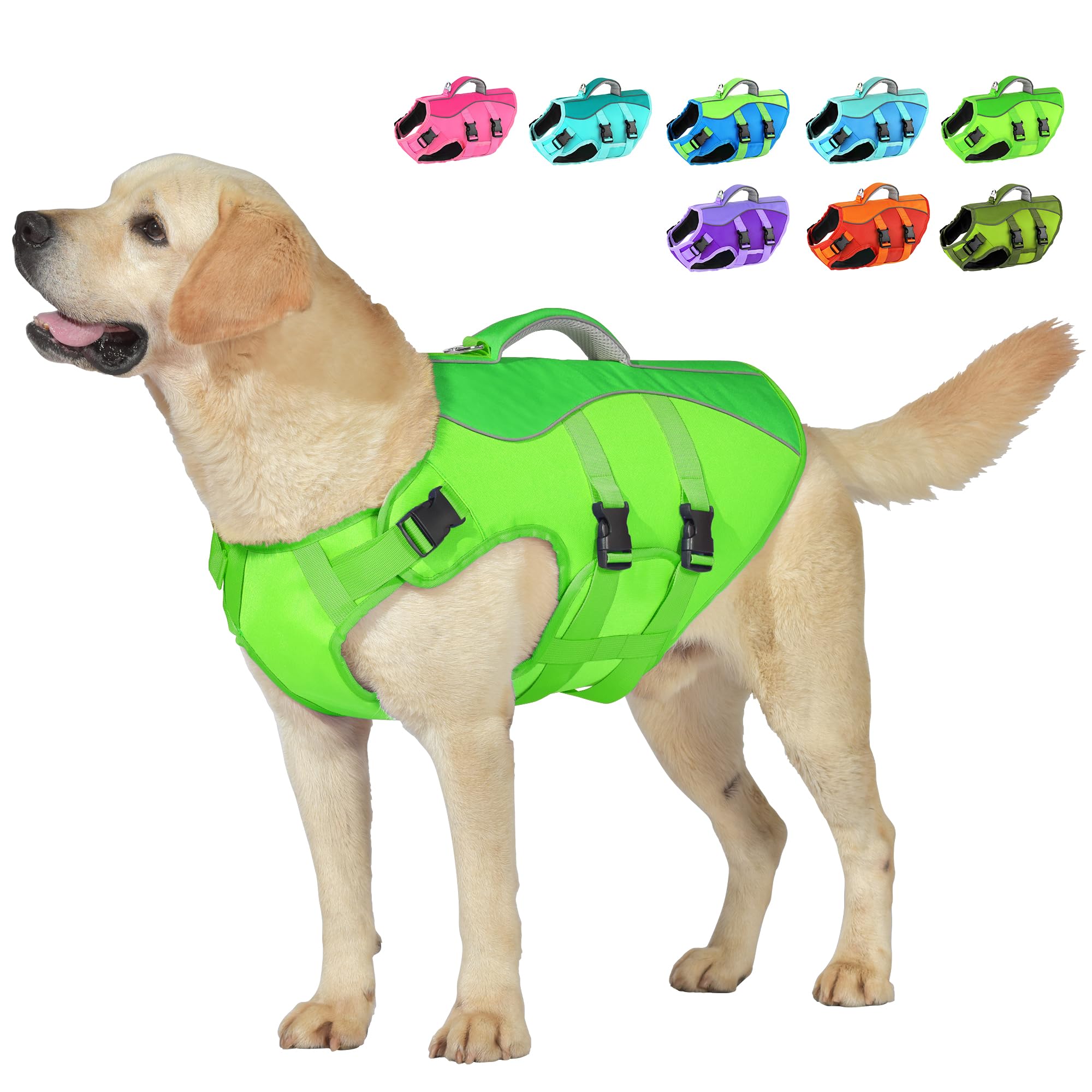 Reflective Dog Life Jacket with Rescue Handle - Adjustable High Buoyancy Flotation Vest for Small, Medium & Large Dogs (Green, Size M) - Perfect for Swimming, Boating & Water Safety
