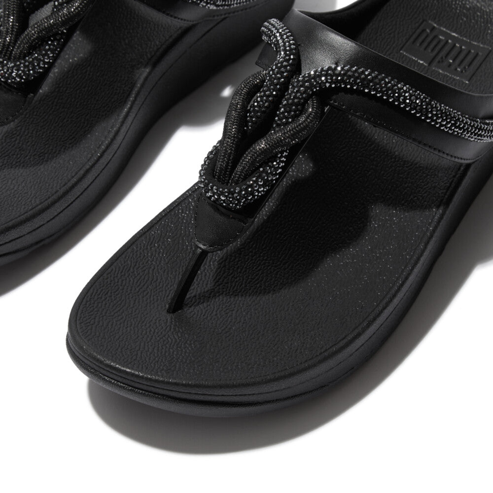 FitFlop Fino Crystal Cord Leather Sandals for Women - Comfortable Black Slide Sandals with Arch Support | Perfect for Beach, Vacation & Summer Outfits