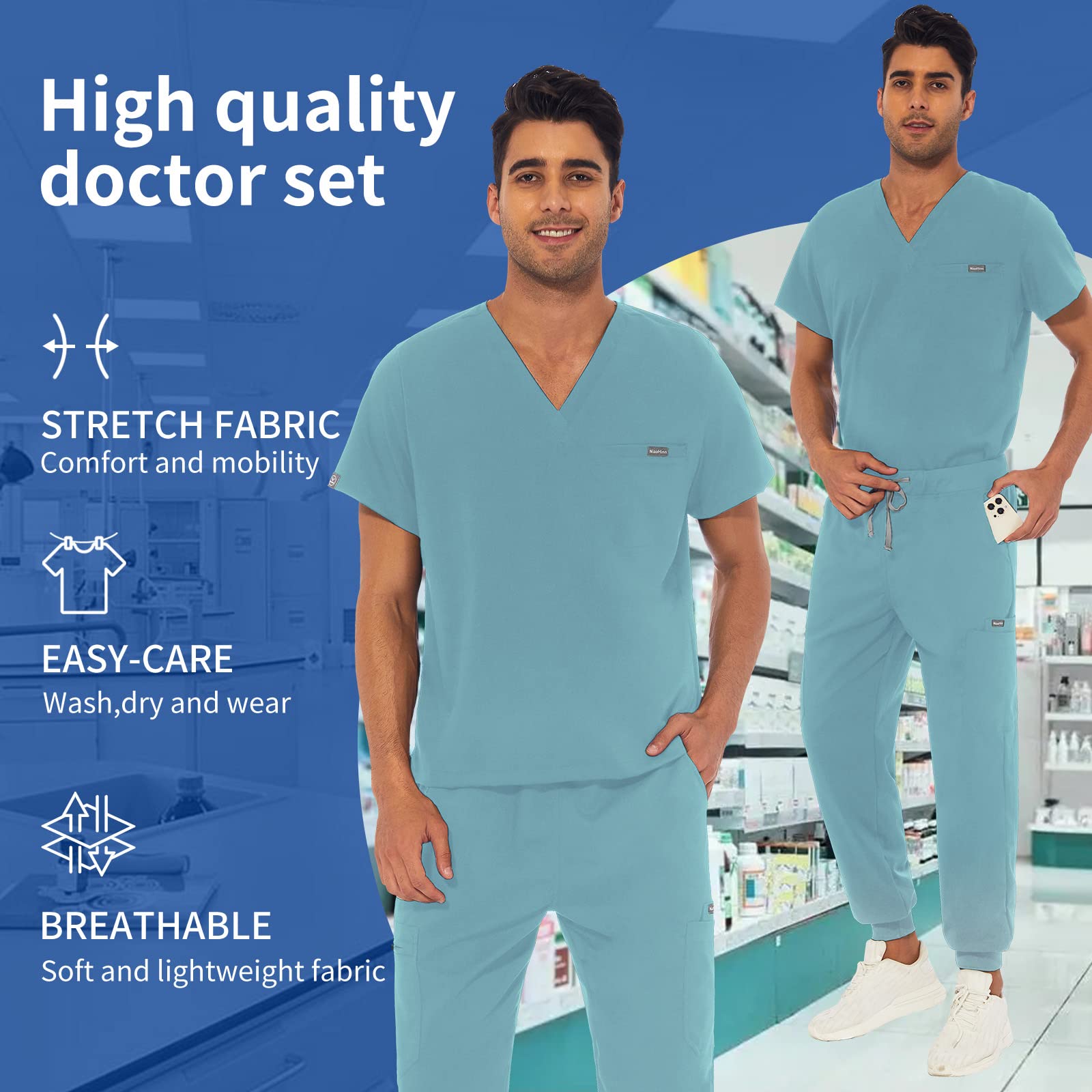 VIAOLI Men's Athletic Scrub Set - V-Neck Top & Yoga Jogger Pants with 8 Pockets - Comfortable Medical Uniform for Nurses, Doctors & Healthcare Workers - Perfect for Hospital Shifts, Clinical Work & Long Hours on Duty