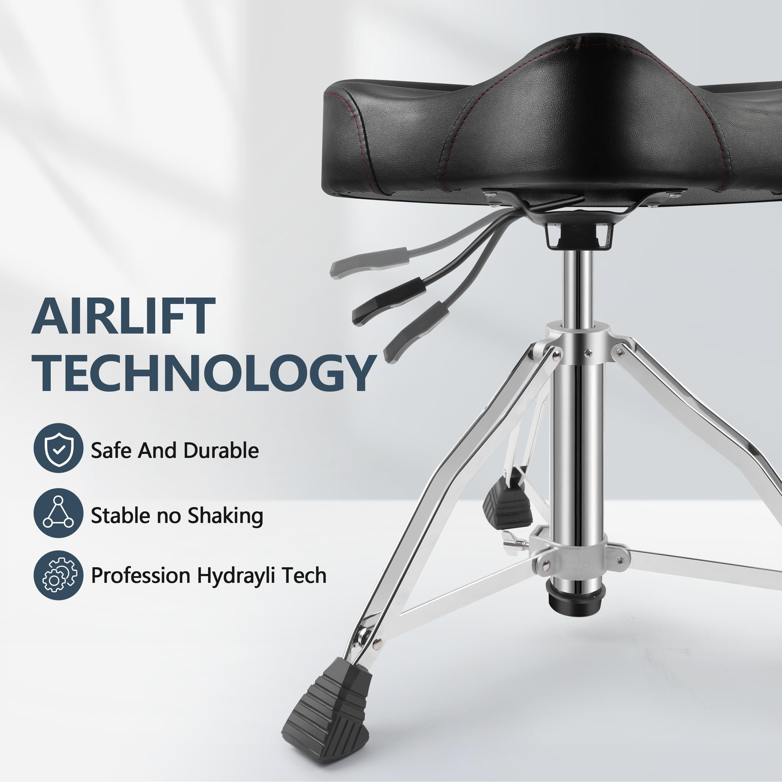 Ramzi Drum Throne - Heavy Duty Adjustable Drum Stool with Airlift Technology, Double Braced Anti-Slip Feet & Motorcycle Style Saddle Seat | Perfect for Drummers, Percussionists & Live Performances