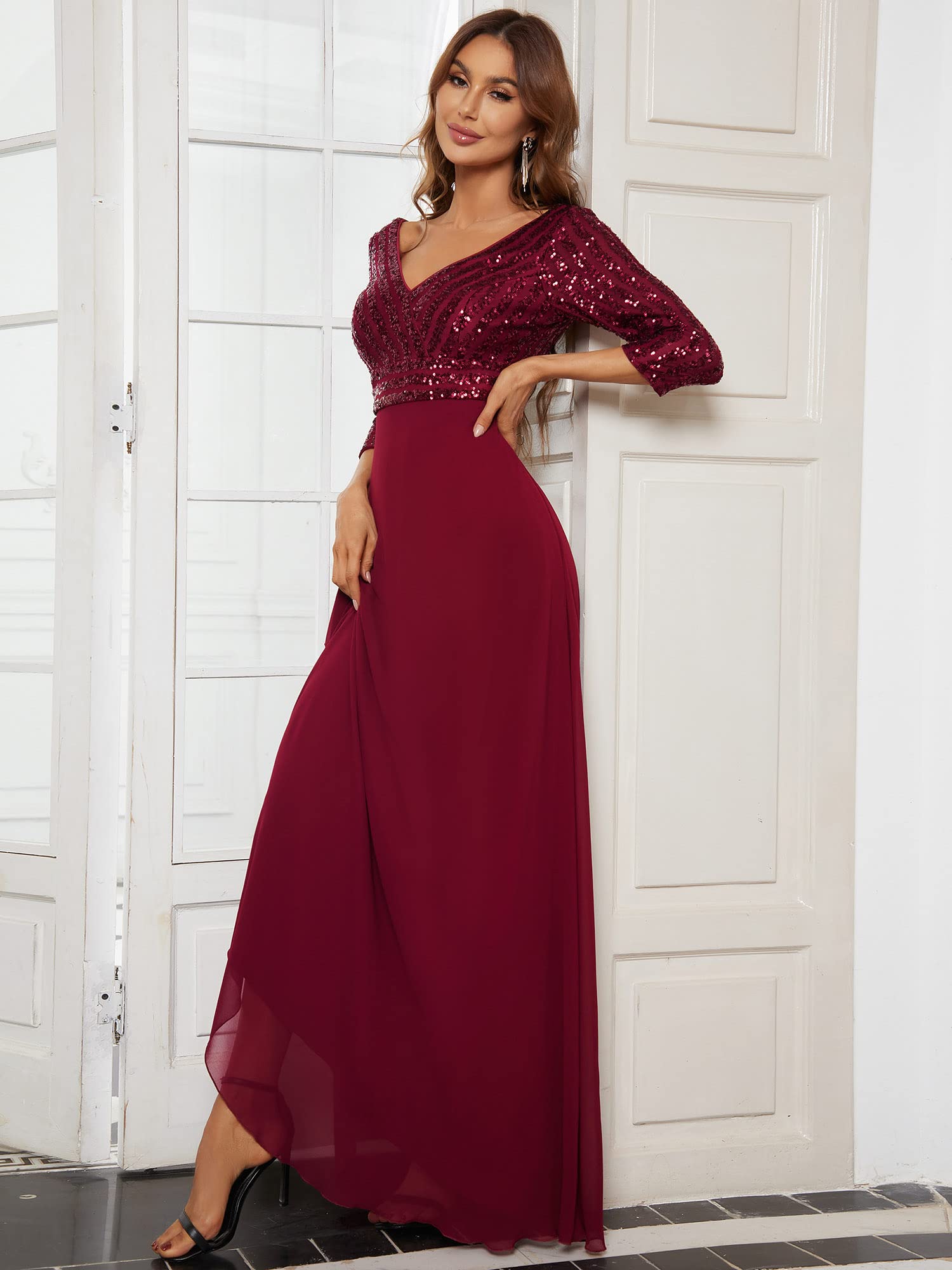 Ever-Pretty Women's Elegant V-Neck Long Sleeve Sequin Maxi Evening Dress - Formal Chiffon Gown for Prom, Wedding & Special Occasions