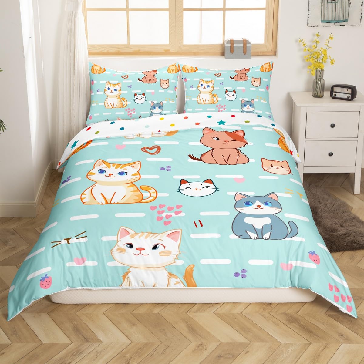 Cute Cartoon Cat Duvet Cover Set - Kawaii Kitten Print Twin Size Bedding for Kids, Boys & Girls | Pink Heart Strawberry Design for Cat Lovers | Includes 1 Pillowcase | Perfect for Toddler Bedrooms, Sleepovers & Themed Decor