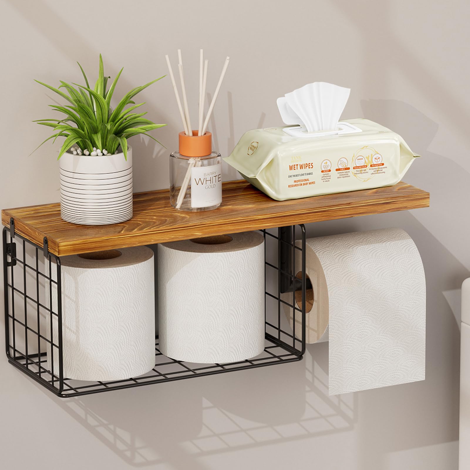 VITVITI Wall Mounted Toilet Paper Holder with Shelf - Rustic Wood & Metal Bathroom Organizer for Toilet Rolls & Wipes - Farmhouse Style Storage Basket (Brown) | Perfect for Small Bathrooms, Powder Rooms & Vintage Decor