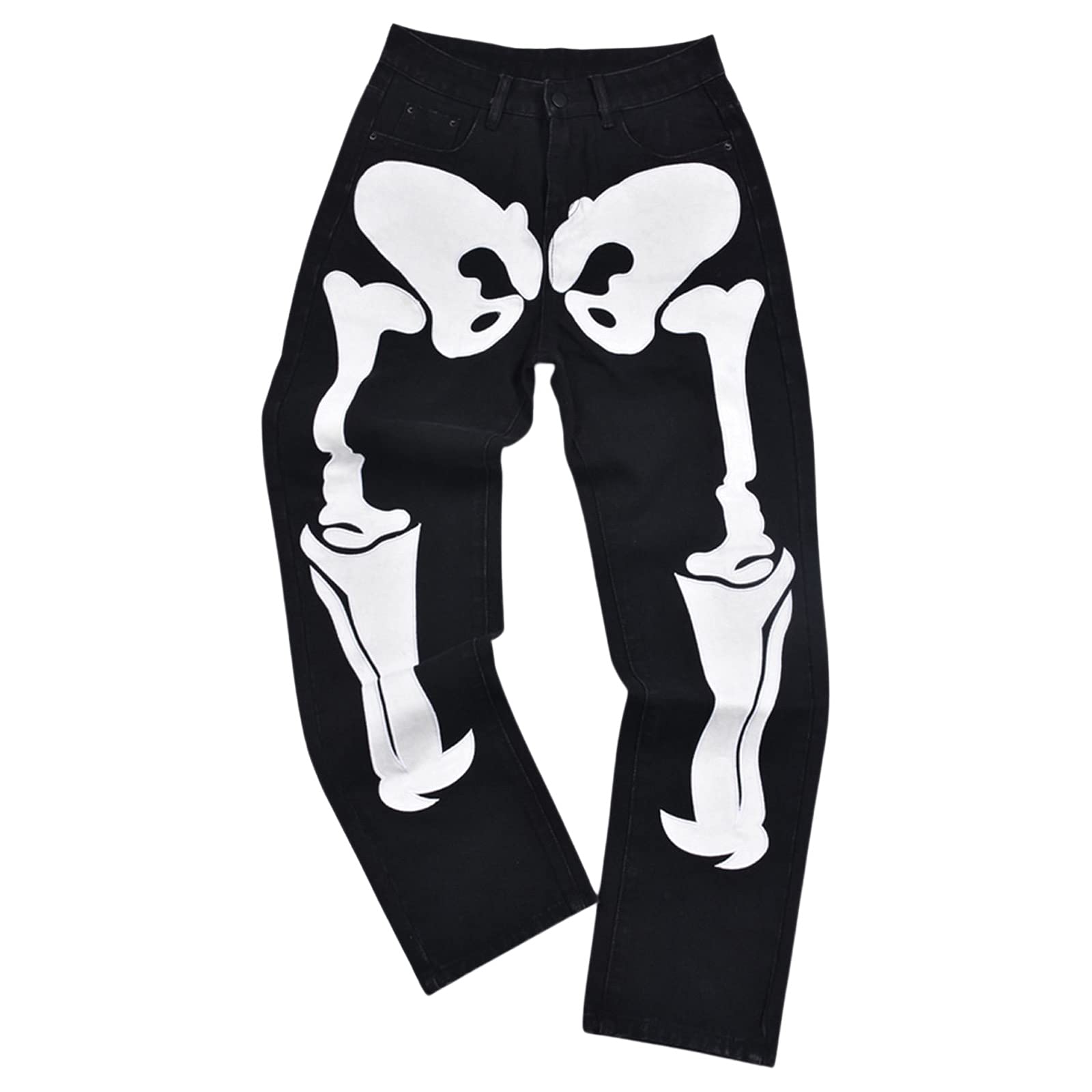 Y2K Women's Baggy Jeans - Halloween Skull Print Wide Leg Denim Pants | Vintage Streetwear Casual Mid Waist Trousers for Women | Perfect for Halloween Costumes, Retro Outfits & Everyday Wear