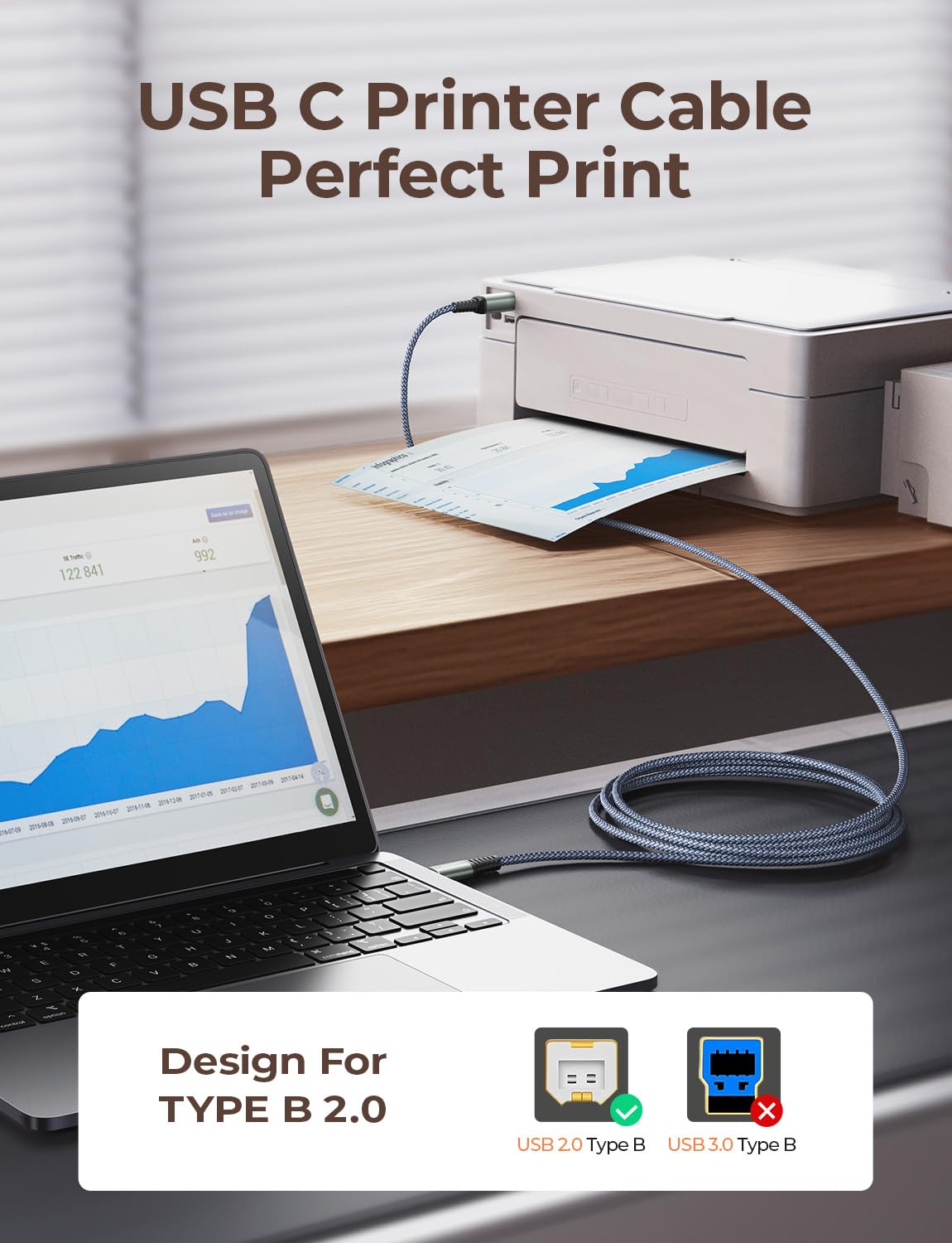 AINOPE 6.6FT USB B to USB C Printer Cable - High Speed USB 2.0 MIDI Cable with Nylon Braiding - Compatible with Yamaha, Casio Digital Piano, MIDI Keyboard, HP, Brother, Canon Printers - Perfect for Home Studio, Office & Music Production