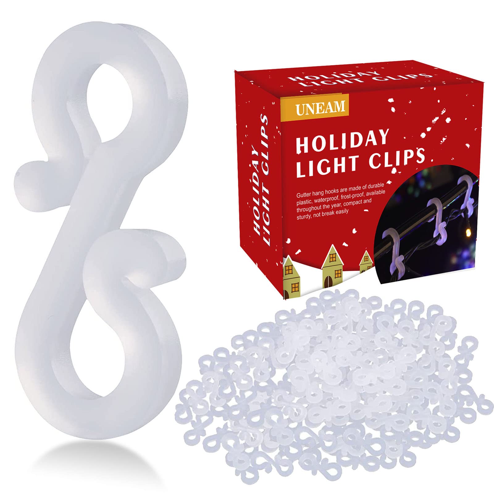 Uneam Christmas Light Hooks - 200 Pack Weatherproof Plastic Gutter Clips for Outdoor String Lights | Mini Hanging Hooks for Holiday Decorations, Roof, Windows & Porch Lighting