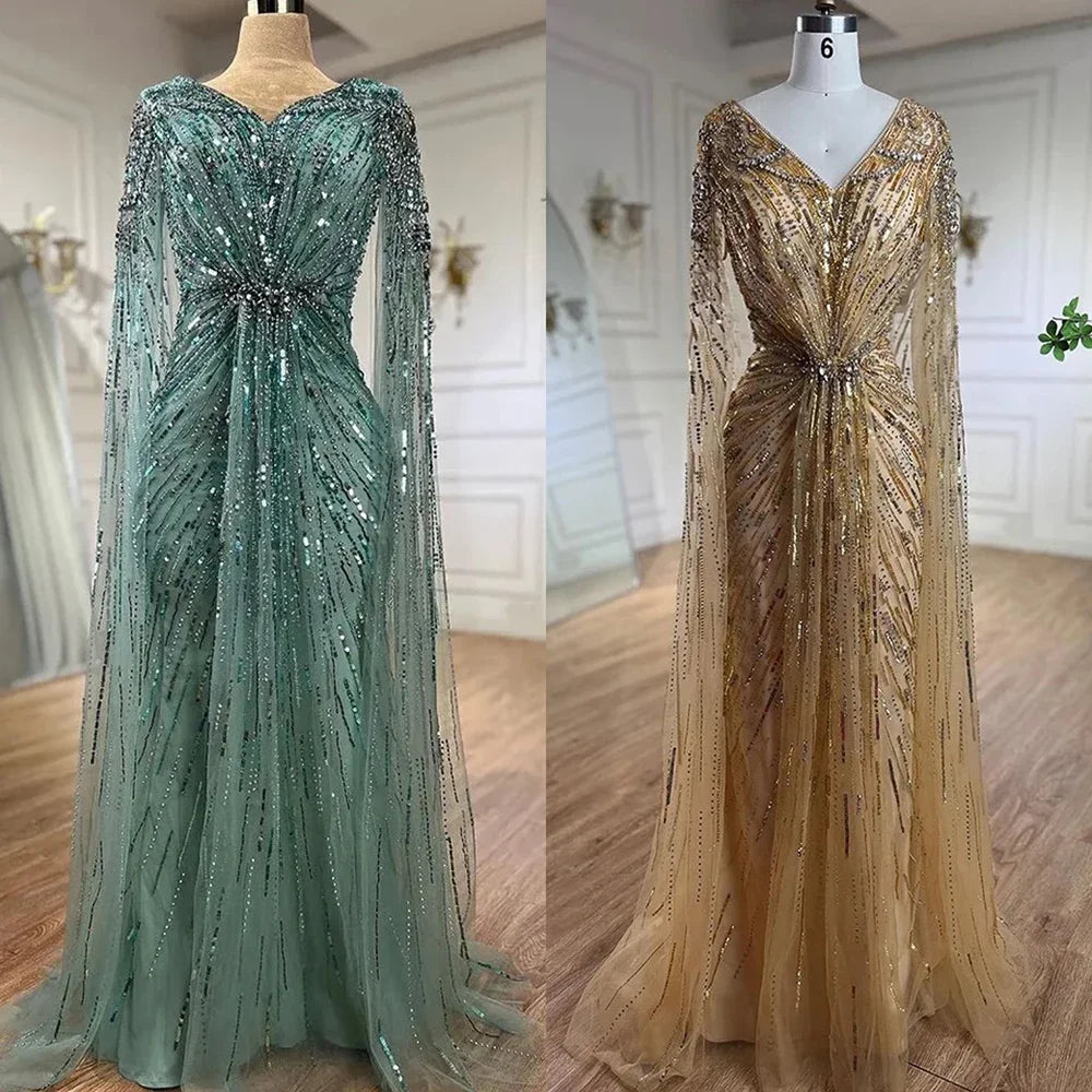 Serene Hill Arabic Turquoise Mermaid Beaded Cape Sleeves Elegant Evening Dress Gown 2025 for Women - Wedding, Prom, Gala & Special Occasion Formal Wear