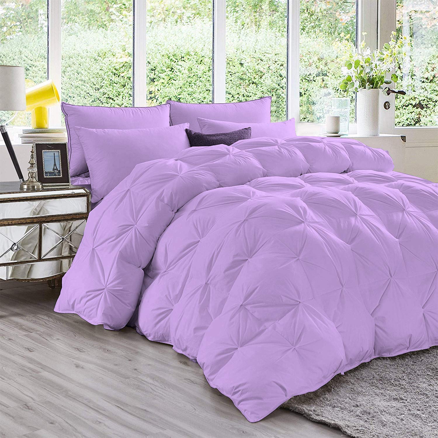Luxury Pinch Pleated King Size Down Alternative Quilted Comforter Set - 600 GSM Microfiber Fill, All-Season, Machine Washable - Lilac Color for Bedroom Decor & Cozy Sleep