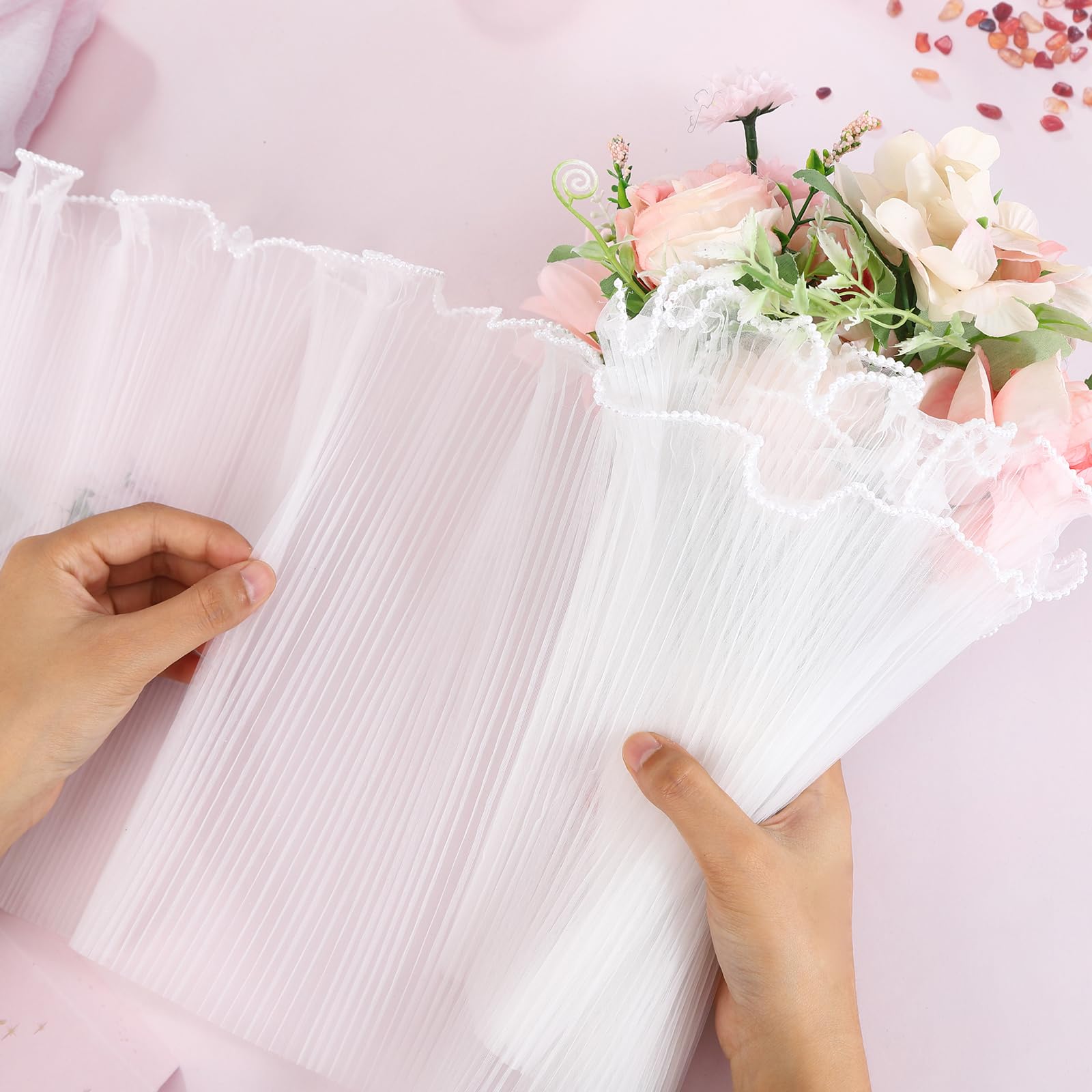 JINIOHEE 3 Pack Floral Bouquet Wrapping Paper - 4 Yards Korean Flower Wrapping Mesh with 9m Ribbons, DIY Gift Packaging Supplies for Wedding, Birthday & Party Decor - White Wrinkle Wave Craft Paper