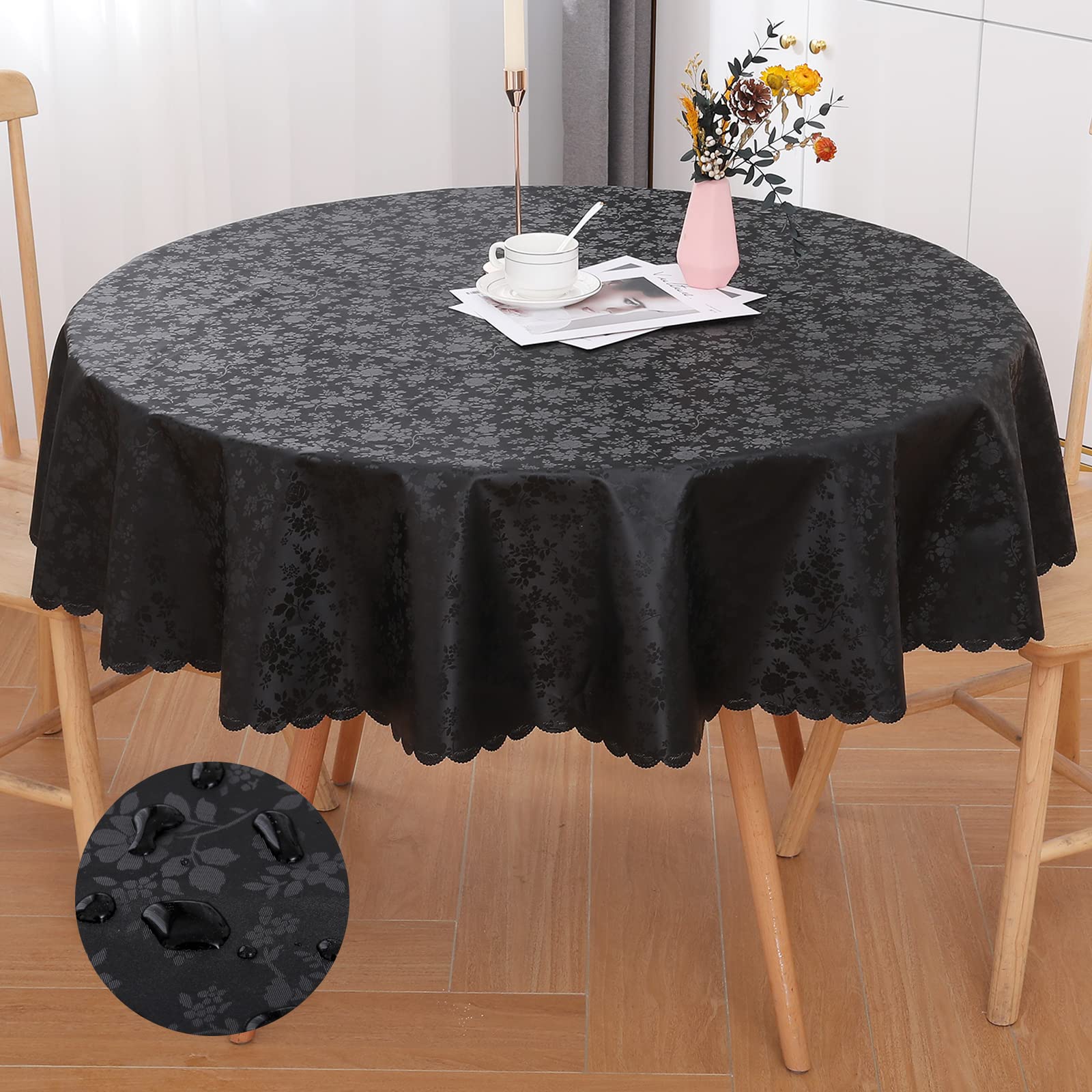Waterproof Heavy Duty Vinyl Wipeable Washable 60 x 60 Inch Black Tablecloth for Kitchen and Dining Room