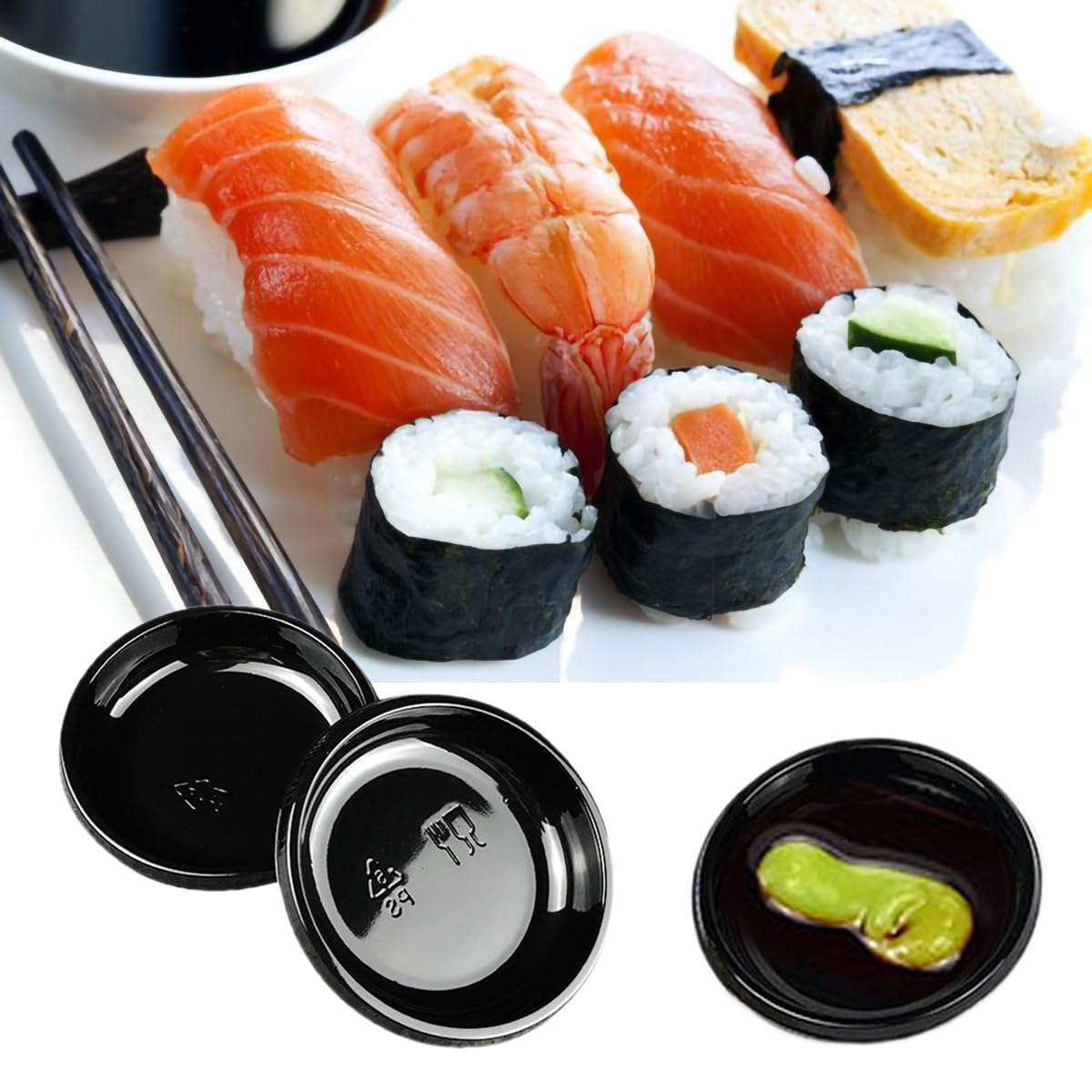100-Pack Black Plastic Disposable Sauce Dishes - Round Dipping Bowls for Sushi, BBQ, Ketchup, Mustard & Soy Sauce - Perfect for Restaurants, Parties & Takeout Meals