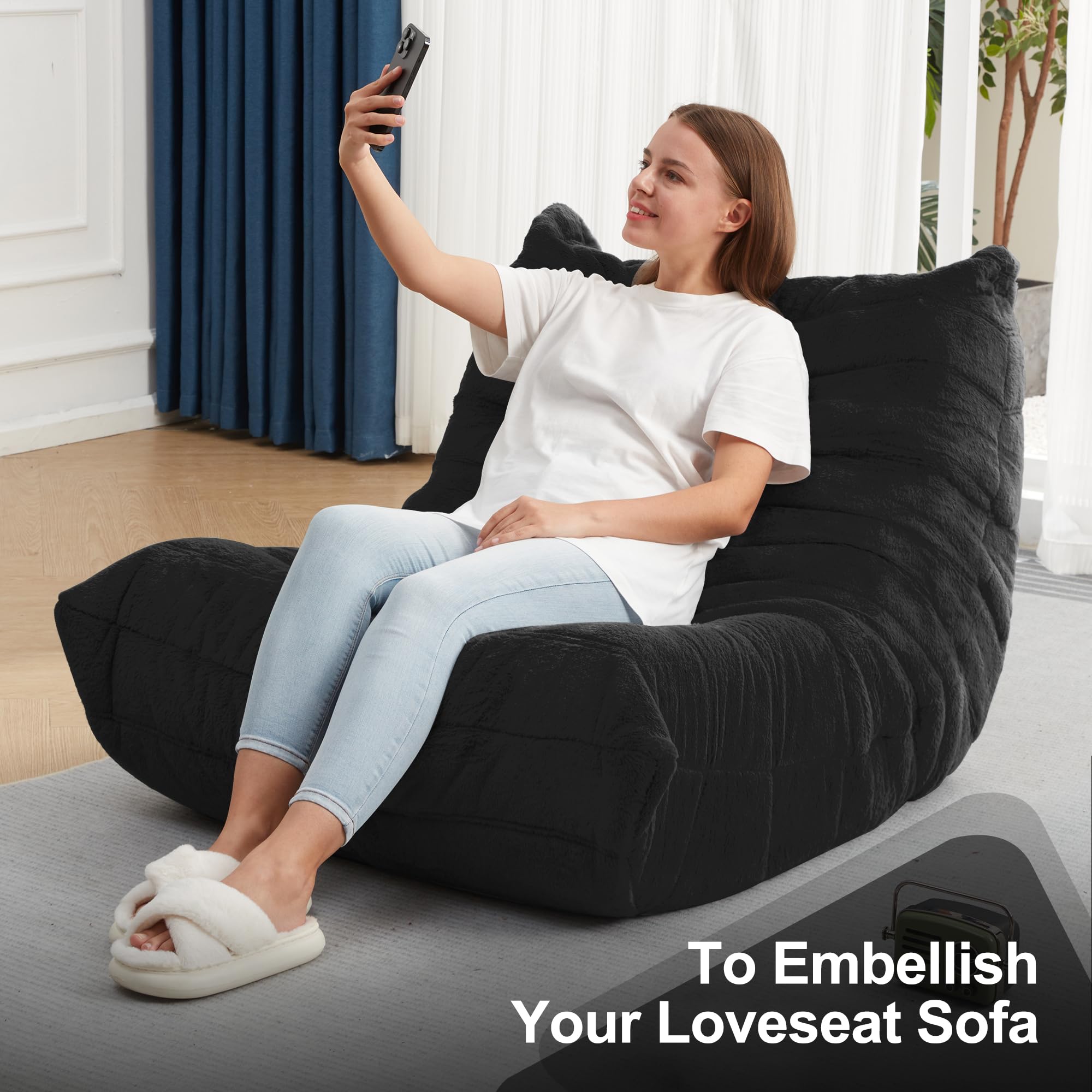 **Hobestluk Giant Memory Foam Bean Bag Chair for Adults - Soft Faux Fur Lazy Sofa, Large Comfy Lounger for Living Room, Bedroom, Dorm & Office - Perfect for Relaxing, Gaming & Movie Nights (Black Plush)**