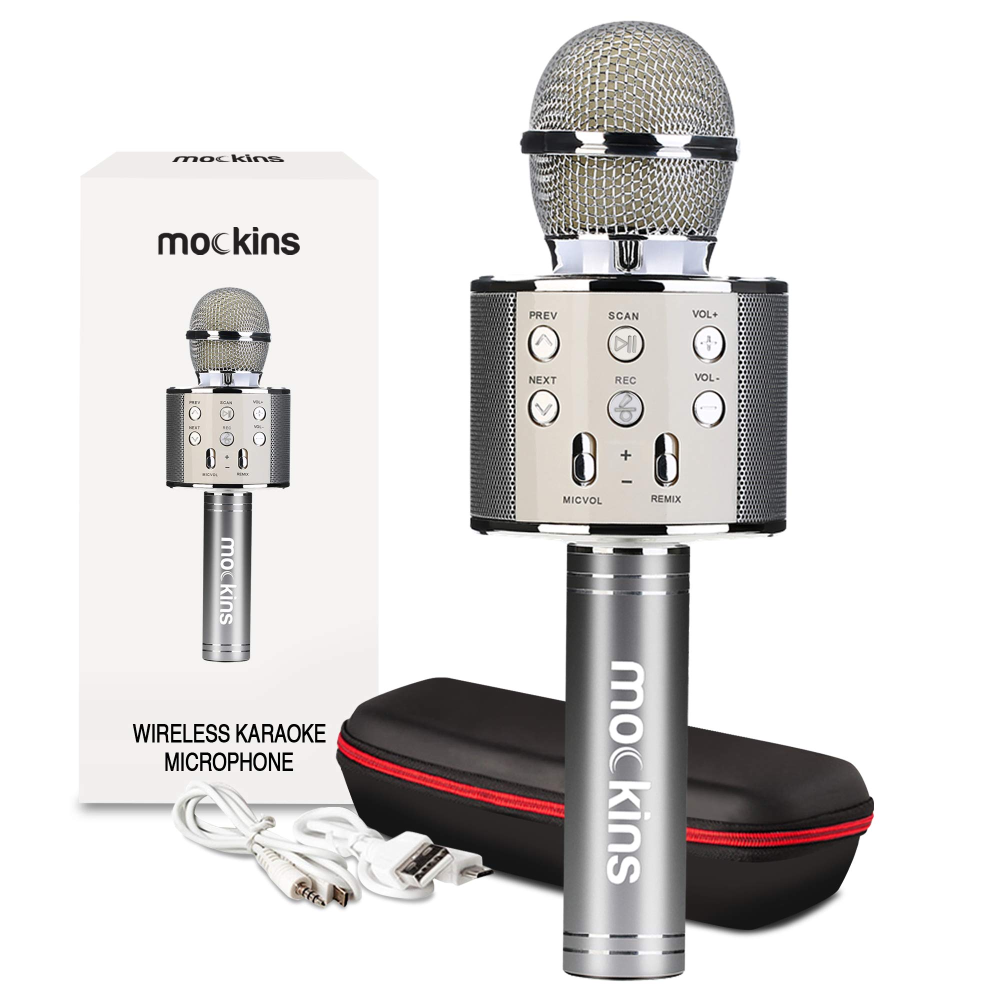 Mockins Silver Bluetooth Karaoke Microphone for Kids - Wireless Singing Mic with Built-in Speaker | Compatible with iPhone, Android, iPad | Perfect for Home Parties, Birthday Gifts & Family Entertainment