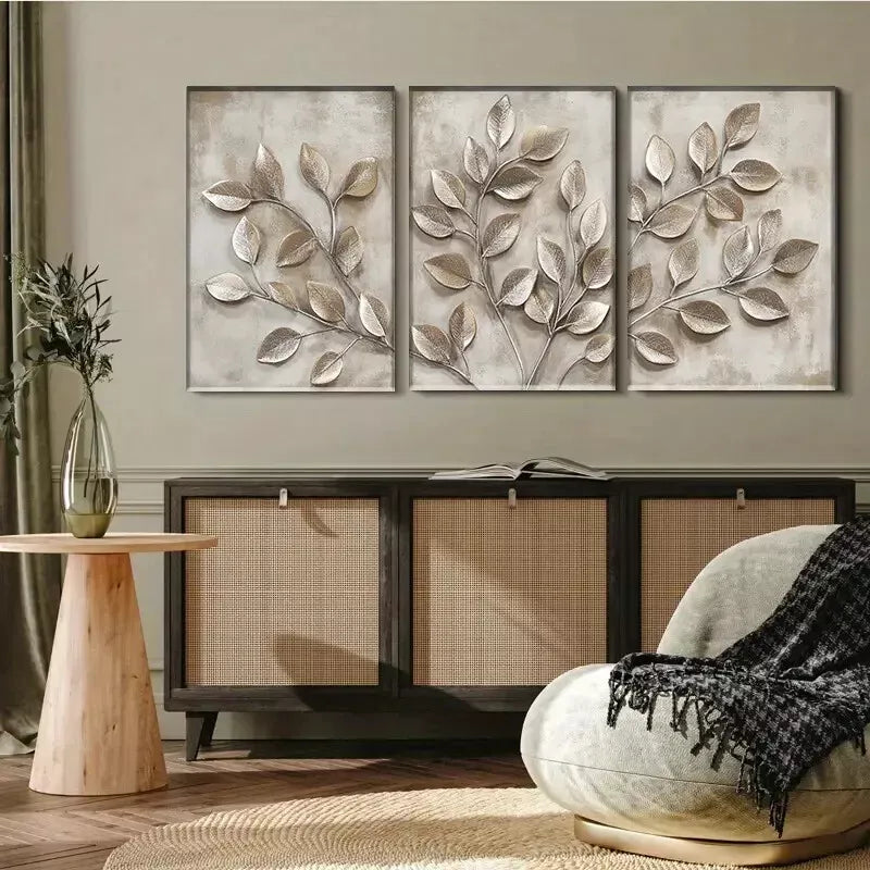 3-Piece Metallic Leaf Branch Triptych Wall Art Set - Framed Canvas 40x60cm (16x24in) - High Quality Print - 100% Australian Made - Ready to Hang - Perfect for Living Room, Bedroom & Office Decor
