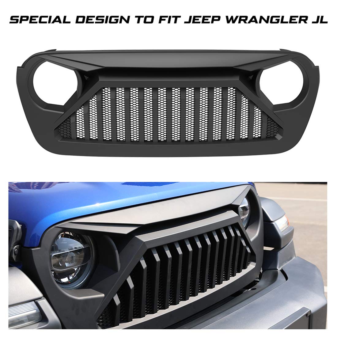KIWI MASTER Front Grill for Jeep Gladiator JT 2018-2025 & Wrangler JL Accessories - Matte Black Paintable Bumper Mesh Grille | Off-Road Upgrade & Customization