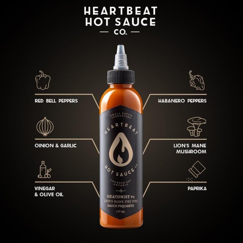 Heartbeat Hot Sauce Co. | Lion's Mane Piri Piri Hot Sauce - 6 oz Bottle | Vegan, Gluten-Free, Spicy Mushroom Sauce for Wings, Tacos & Pizza