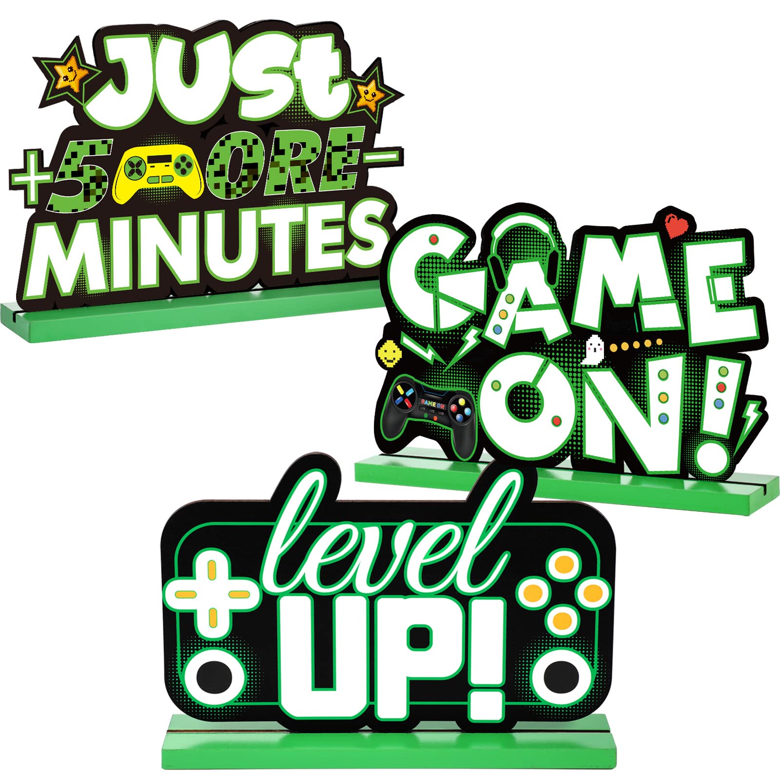 Frienda 3-Piece Wooden Video Game Party Decor Set - Level Up Birthday Banner, Pixel Art Table Signs & Gamer Centerpieces for Boys Kids Birthday Party (Green) | Perfect for Gaming Themed Parties, Streamer Events & Nerf Battle Decorations