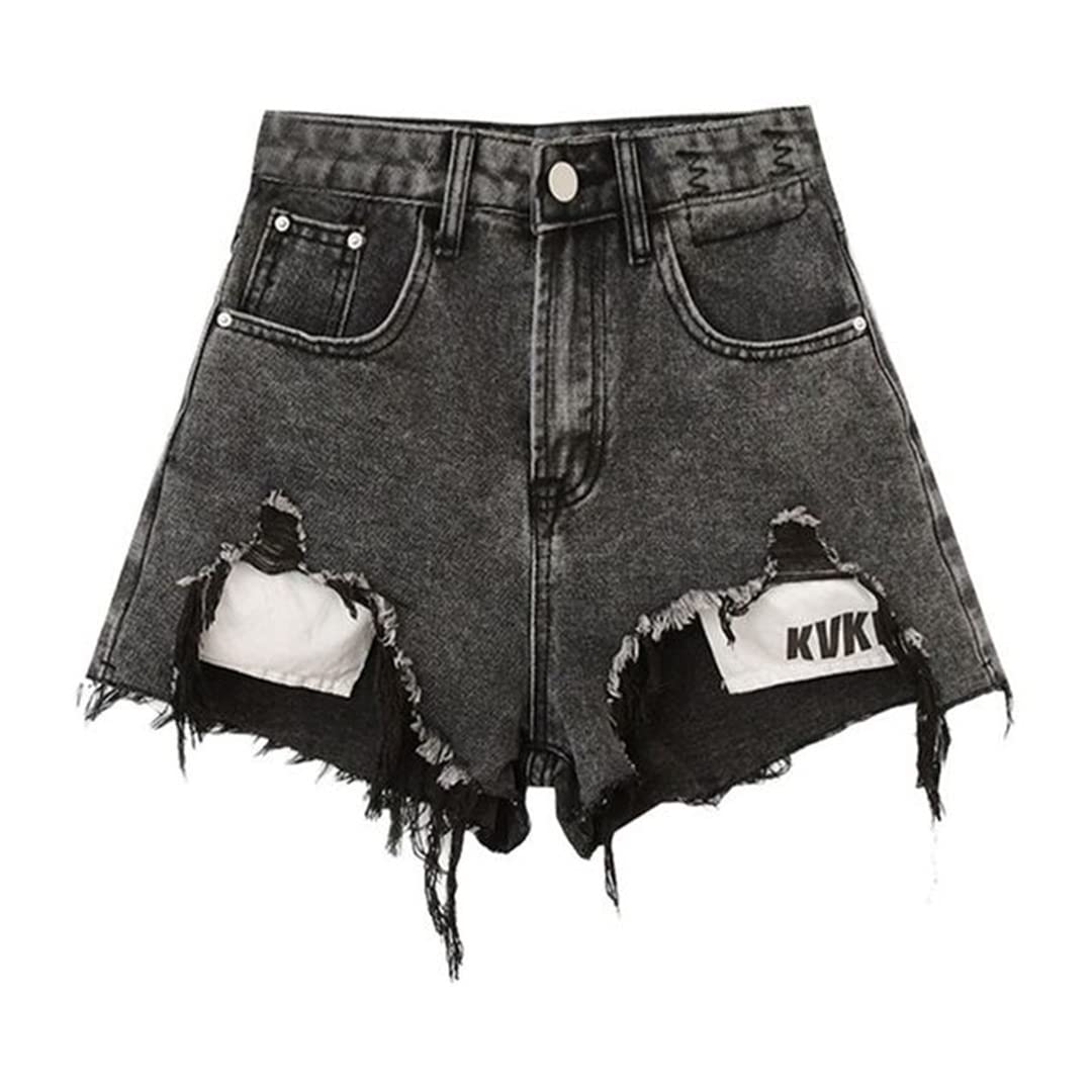Vintage Ripped High Waist Wide Leg Denim Shorts for Women - Black & Grey Distressed Baggy Jeans Hot Pants | Streetwear Fashion, Casual Outfits, Summer Style