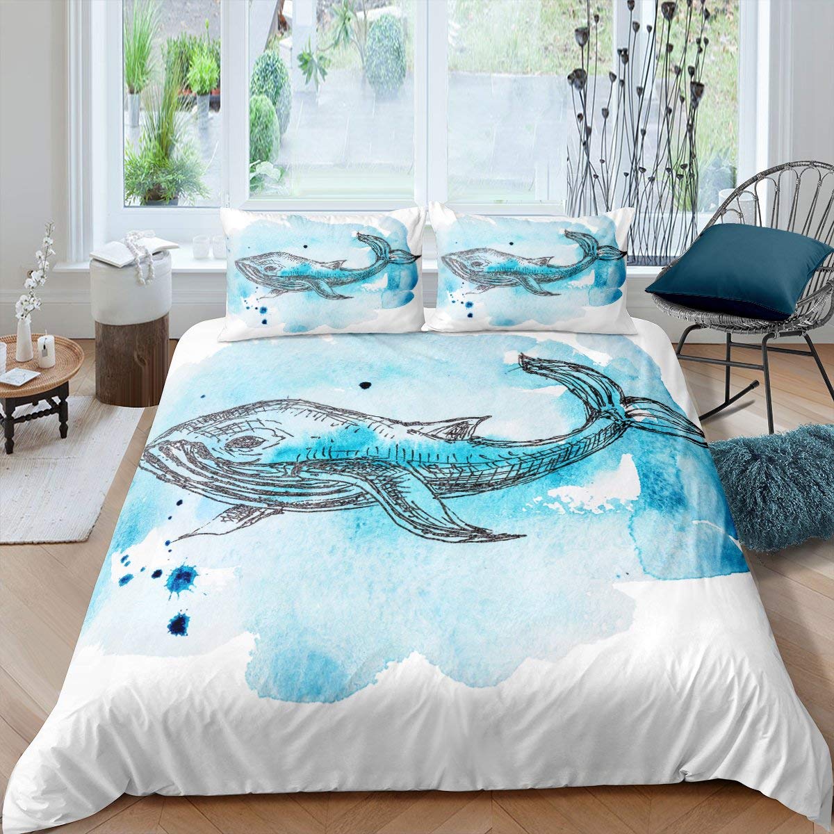 Whale Bedding Set Blue Tie Dye Comforter Cover - Vintage Marine Life Duvet Cover, Ocean Theme Sea Animal Printed Quilt for Adults & Kids - Soft Microfiber Bedspread Twin Size - Perfect for Beach Themed Bedrooms & Coastal Decor