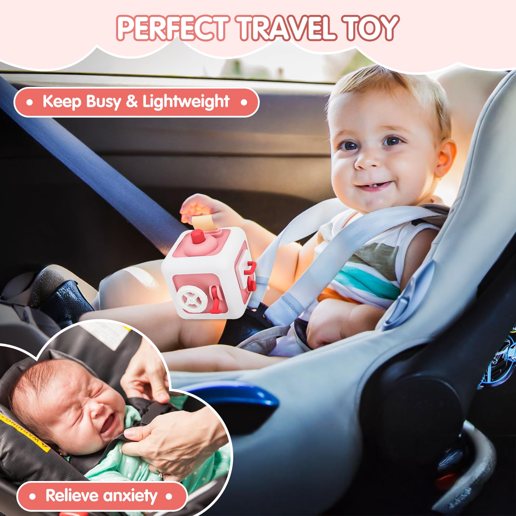 Montessori Busy Cube Sensory Toys for 1 Year Old Boys & Girls - Easter Basket Stuffers, Travel Learning Toys for Toddlers 12M+ (Pink) - Perfect for Airplane Travel & Early Childhood Development