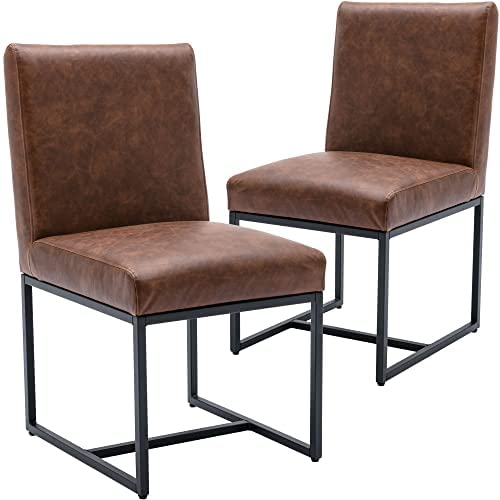 Modern PU Leather Kitchen Chairs Set of 2 - Brown Upholstered Dining Chairs with Black Metal Frame - Comfortable Side Chairs for Kitchen, Dining Room & Breakfast Nook
