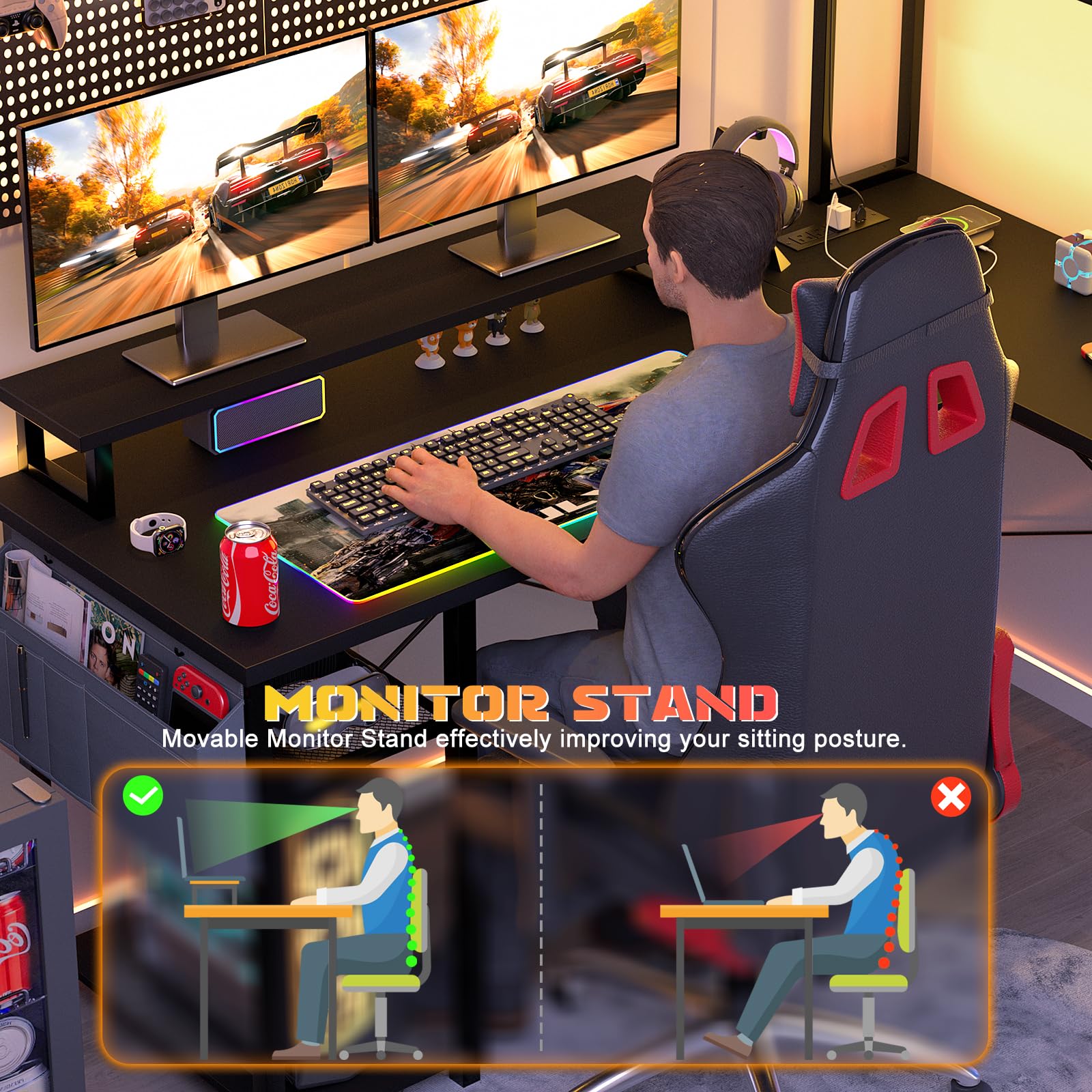 Aheaplus Small L-Shaped Gaming Desk with LED Lights & Power Outouts - Reversible Corner Computer Desk with Monitor Stand, Storage Shelf & Cable Management Bag - Perfect for Home Office, Streaming Setup & Small Space Gaming (Black)