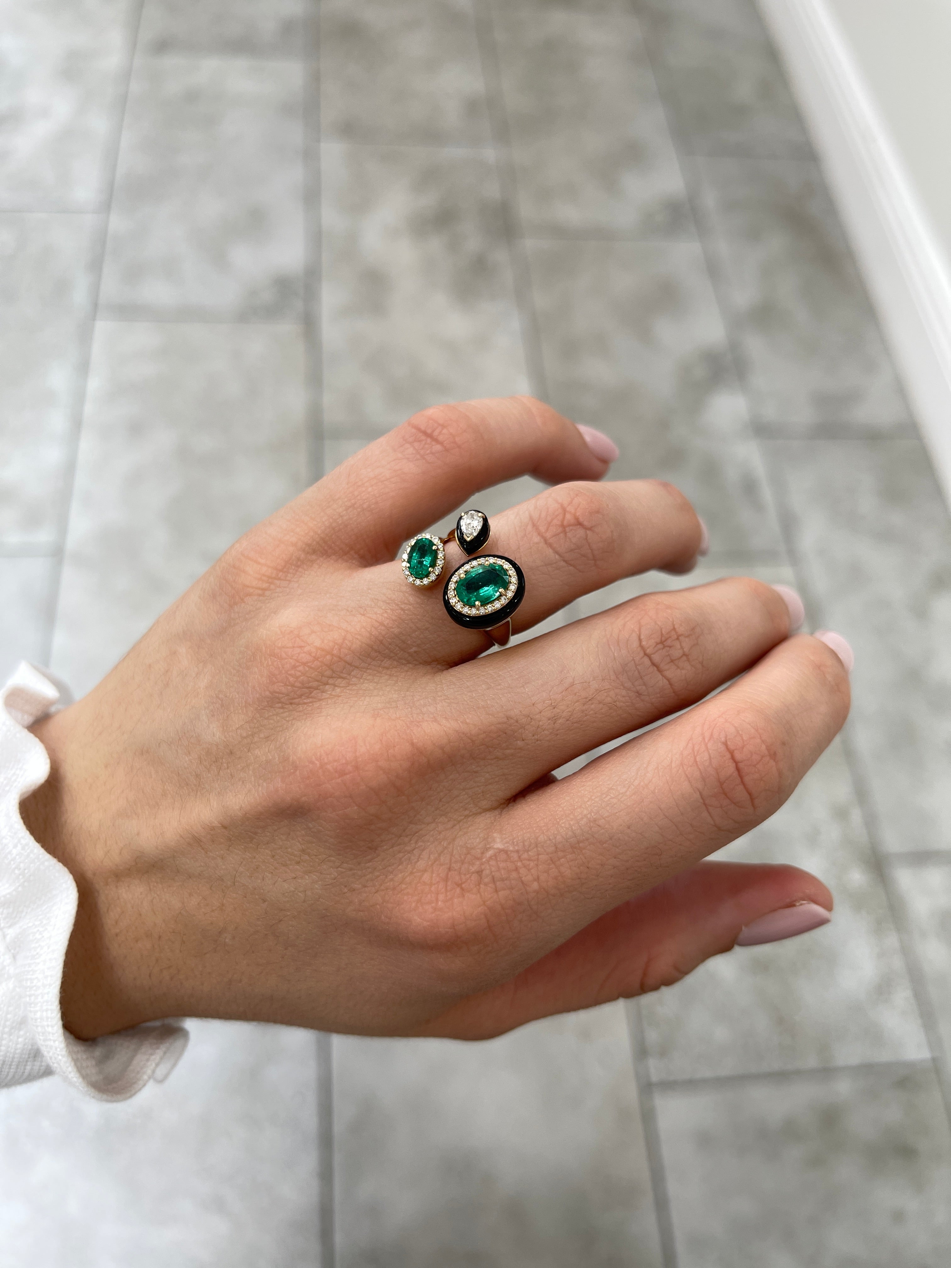 3.87tcw Oval Emerald Diamond Black Onyx Cluster Statement Ring in 14K Gold - Elegant Jewelry for Weddings, Parties & Special Occasions