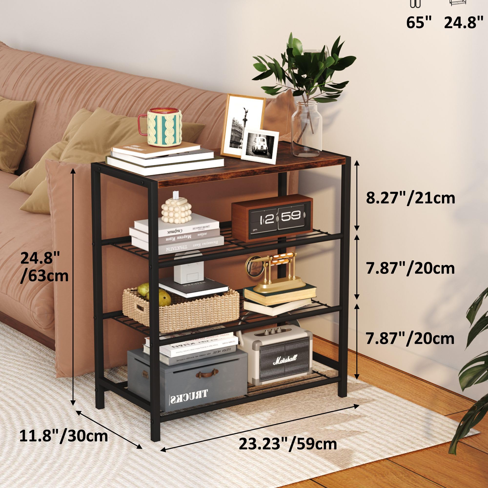 4-Tier Industrial Shoe Rack Organizer - Narrow Sturdy Metal Shoe Storage Shelf for Closet & Entryway - Rustic Brown Shoe Shelf for Boots, Sneakers & Home Organization (Perfect for Small Spaces & Apartment Living)