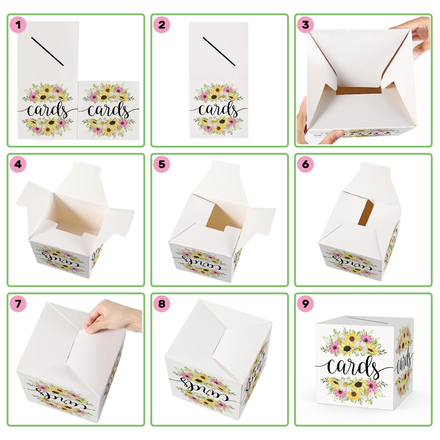 WUAWN 8x8x8 Inch Sunflower Card Box - Elegant Gift Money Holder for Weddings, Birthdays, Bridal & Baby Showers, Graduations - Perfect for Party Decorations & Cash Gifts (Set of 10)