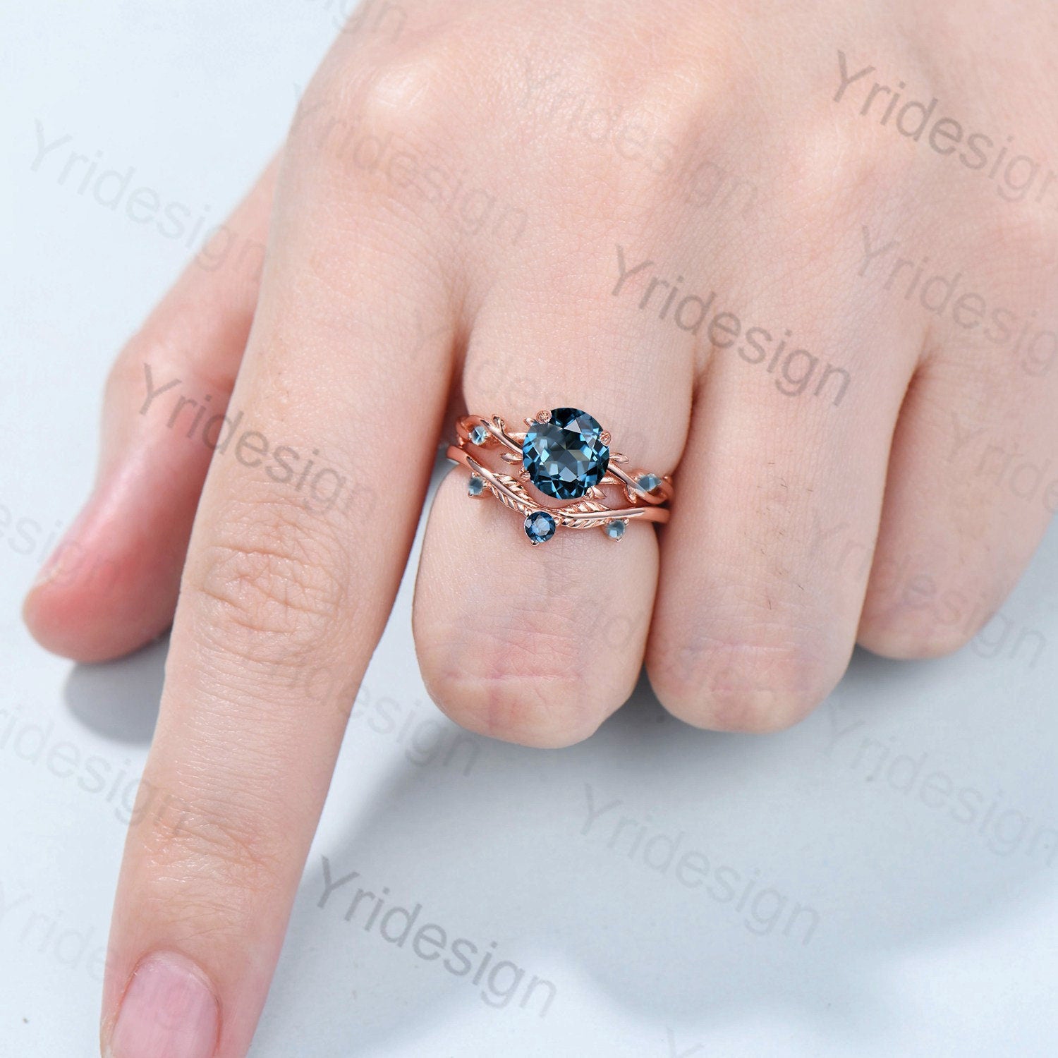 London Blue Topaz Engagement Ring Set in Rose Gold - Natural Inspired Branch Design Wedding Ring for Women - Unique Leaf Anniversary Promise Ring - Perfect for Proposals, Weddings & Special Occasions