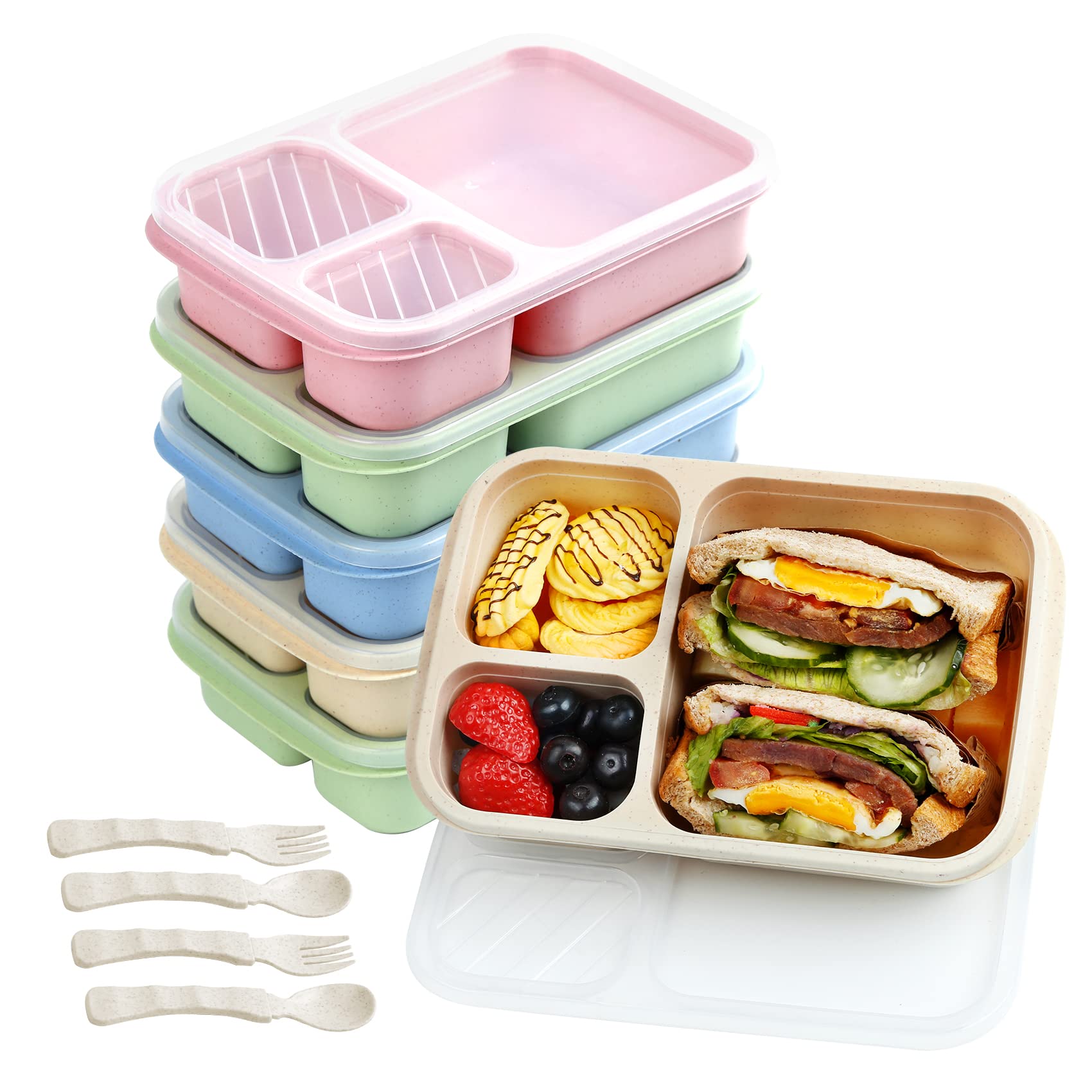 6 Pack Bento Lunch Box for Kids - 3 Compartment Reusable Food Storage Containers with Forks & Spoons | Perfect for School Lunches, Office Meals & Travel Snacks | BPA-Free, Leak-Proof Meal Prep Boxes