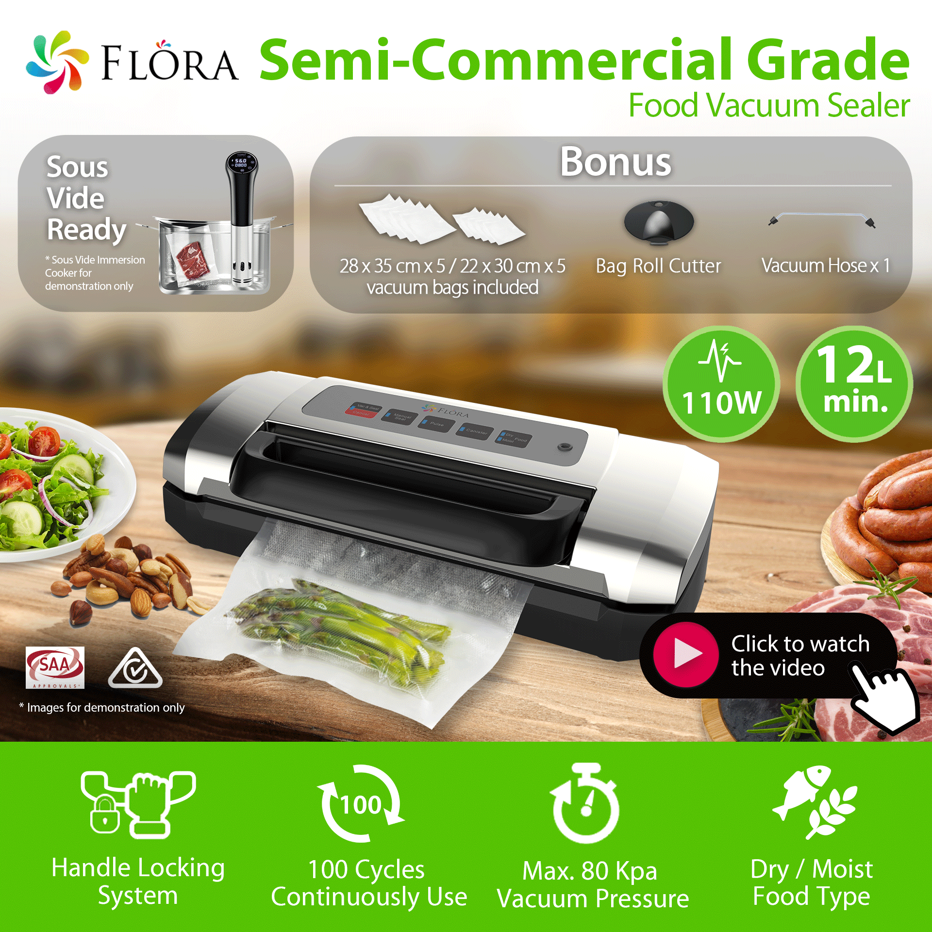 Flora Food Vacuum Sealer Machine - Commercial Grade 110W 80Kpa for Fresh Meat, Vegetables & Meal Prep | Model FL-FVS-2688 | Perfect for Home Kitchen, Restaurant & Food Storage | AU Stock