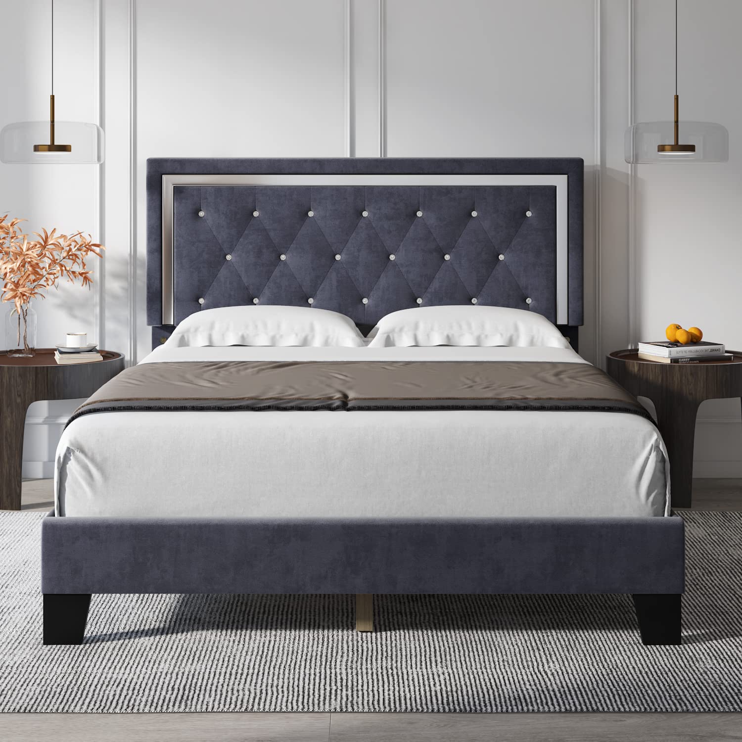 HITHOS Full Size Upholstered Platform Bed Frame with Adjustable Headboard - Diamond Tufted Mattress Foundation, Wooden Slat Support, No Box Spring Needed - Easy Assembly (Full, Gray) - Perfect for Modern Bedrooms, Guest Rooms & Small Spaces