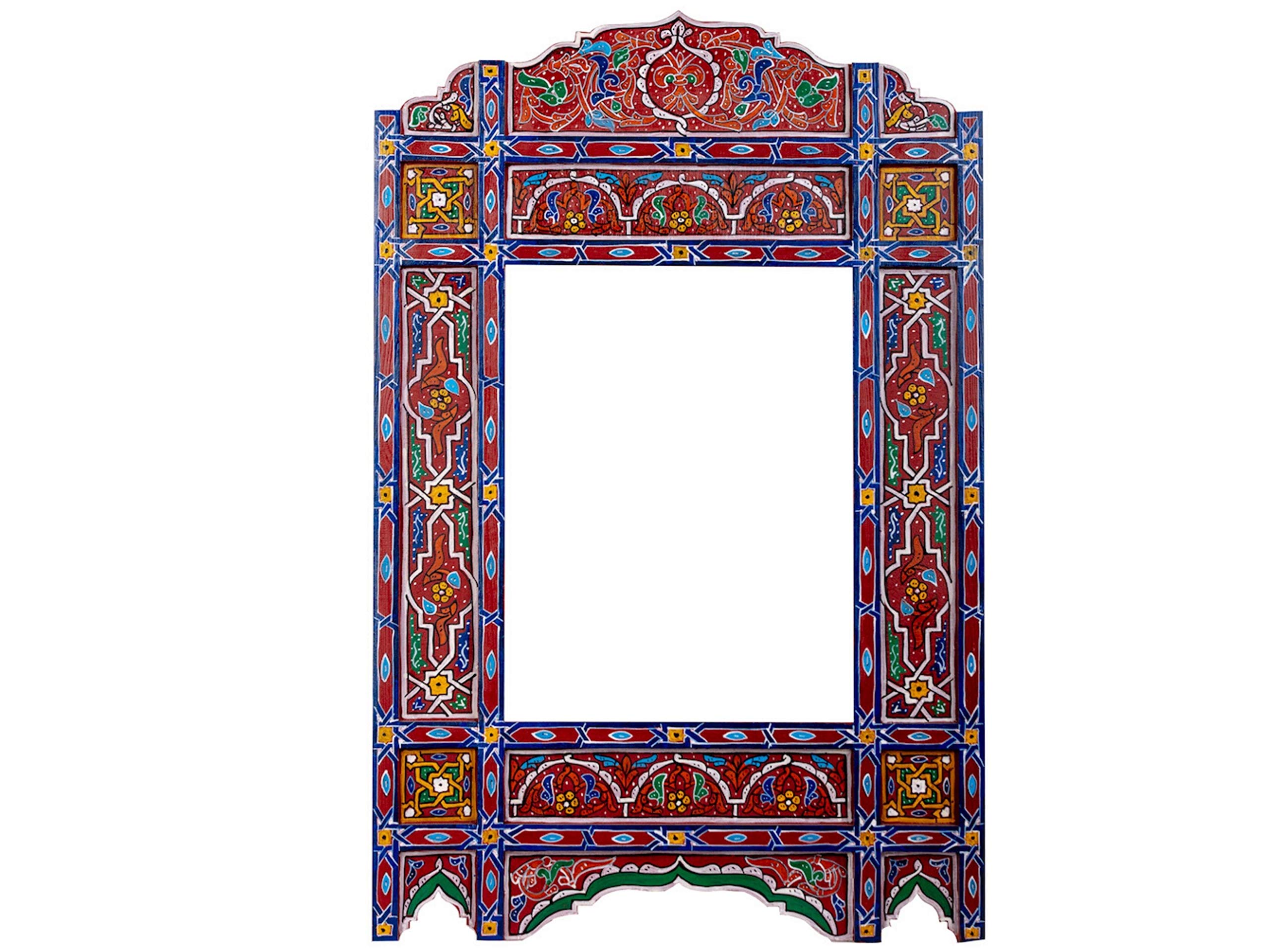 Handcrafted Moroccan Mirror Frame - Farmhouse Arch Mirror with Large Wooden Design for Rustic Bathroom Decor | Red Brick & Blue Rectangular Hanging Wall Mirror for Living Room, Bedroom, or Entryway