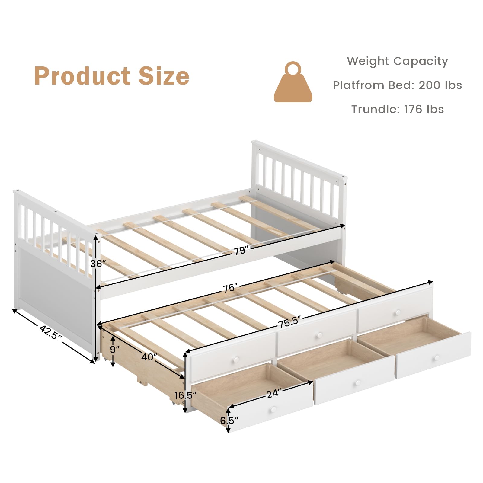 DORTALA Twin Size Trundle Bed with Storage Drawers - Wooden Daybed with Pull-Out Trundle, No Box Spring Needed, Modern Captains Bed for Kids, Teens & Adults - Perfect for Small Bedrooms, Guest Rooms & Studio Apartments (White)