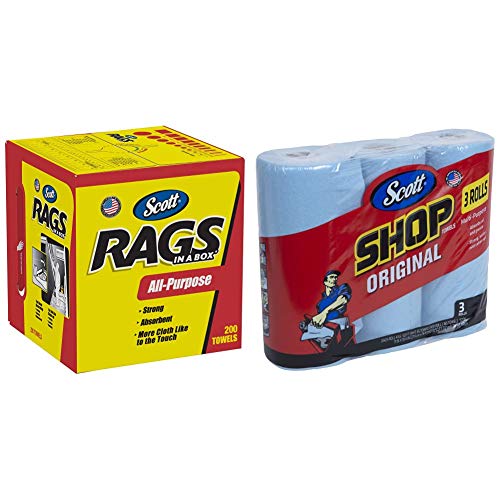 SCOTT Rags in A Box (75260) - 200 White Shop Towels per Box, 8 Boxes per Case | SCOTT Shop Towels Original (75143) - 55 Blue Sheets per Roll, 30 Rolls per Case (10 Bundles of 3 Rolls), 1650 Towels Total | Industrial Cleaning, Garage, Workshop & Automotive Use