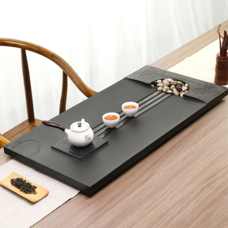 Premium Black Stone Tea Tray with Lotus Flower Design - Elegant Tea Ceremony Accessory for Home, Office & Zen Meditation Spaces